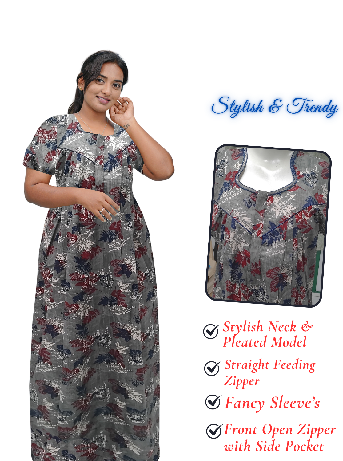 MANGAI Cotton Straight Zip Feeding Nighty |Post Pregnancy | Comfort and Style | Pleated Model | Soft Cotton Feeding Nighties (STF)