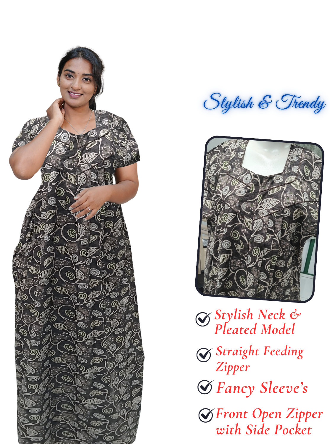 MANGAI Cotton Straight Zip Feeding Nighty |Post Pregnancy | Comfort and Style | Pleated Model | Soft Cotton Feeding Nighties (STF)