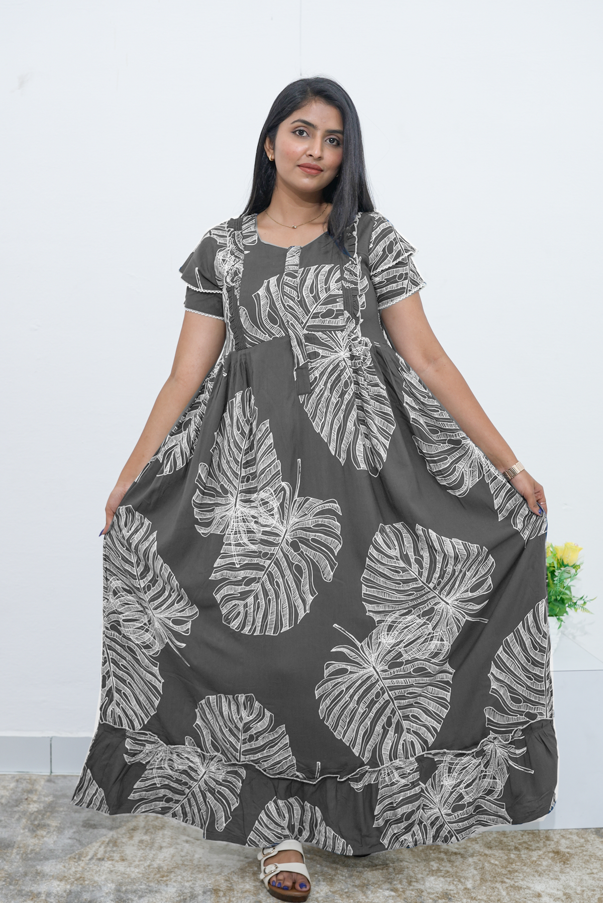 MANGAI Rayon Frock Nighties | Front Open Lengthy Zipper Comforts Feeding | Fancy Double Layered Sleeve's | Post & Pre Pregnancy's and Casual Wear | Side Pocket |Versatile Rayon Frock Night Gown's for Stylish Women's (RPW)