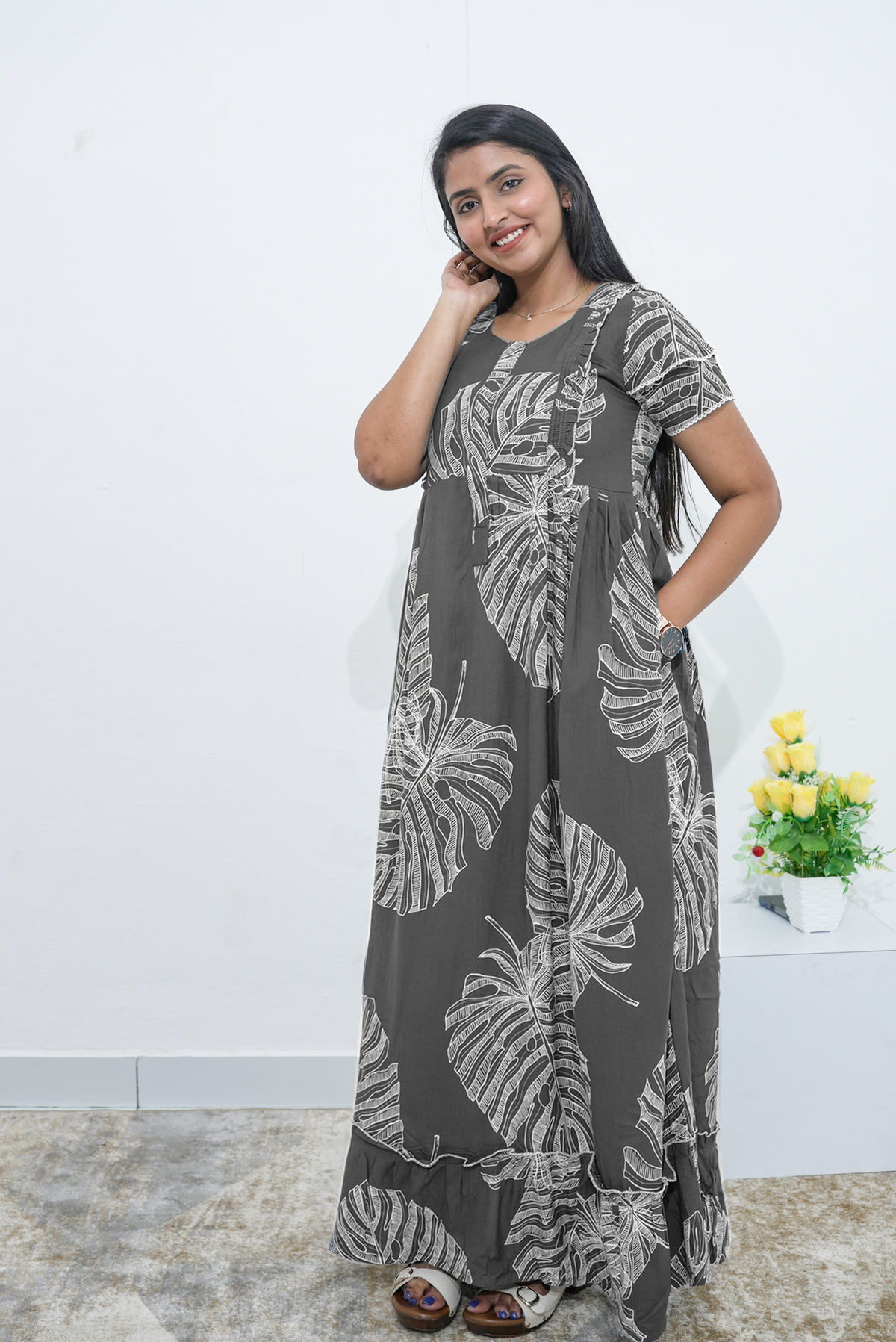 MANGAI Rayon Frock Nighties | Front Open Lengthy Zipper Comforts Feeding | Fancy Double Layered Sleeve's | Post & Pre Pregnancy's and Casual Wear | Side Pocket |Versatile Rayon Frock Night Gown's for Stylish Women's (RPW)