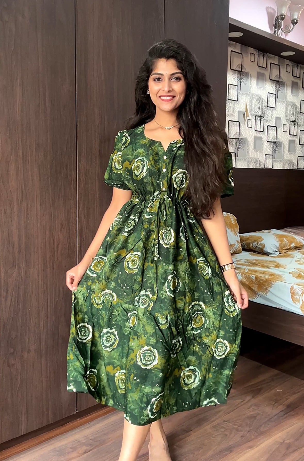 Rayon Colourful Foil Printing Gathering Frock Model Nighties | Side Pocket and Gathering Front Rope | Fancy Sleeve & Maxi Frock Nightwear for Stylish Women's (FGF)