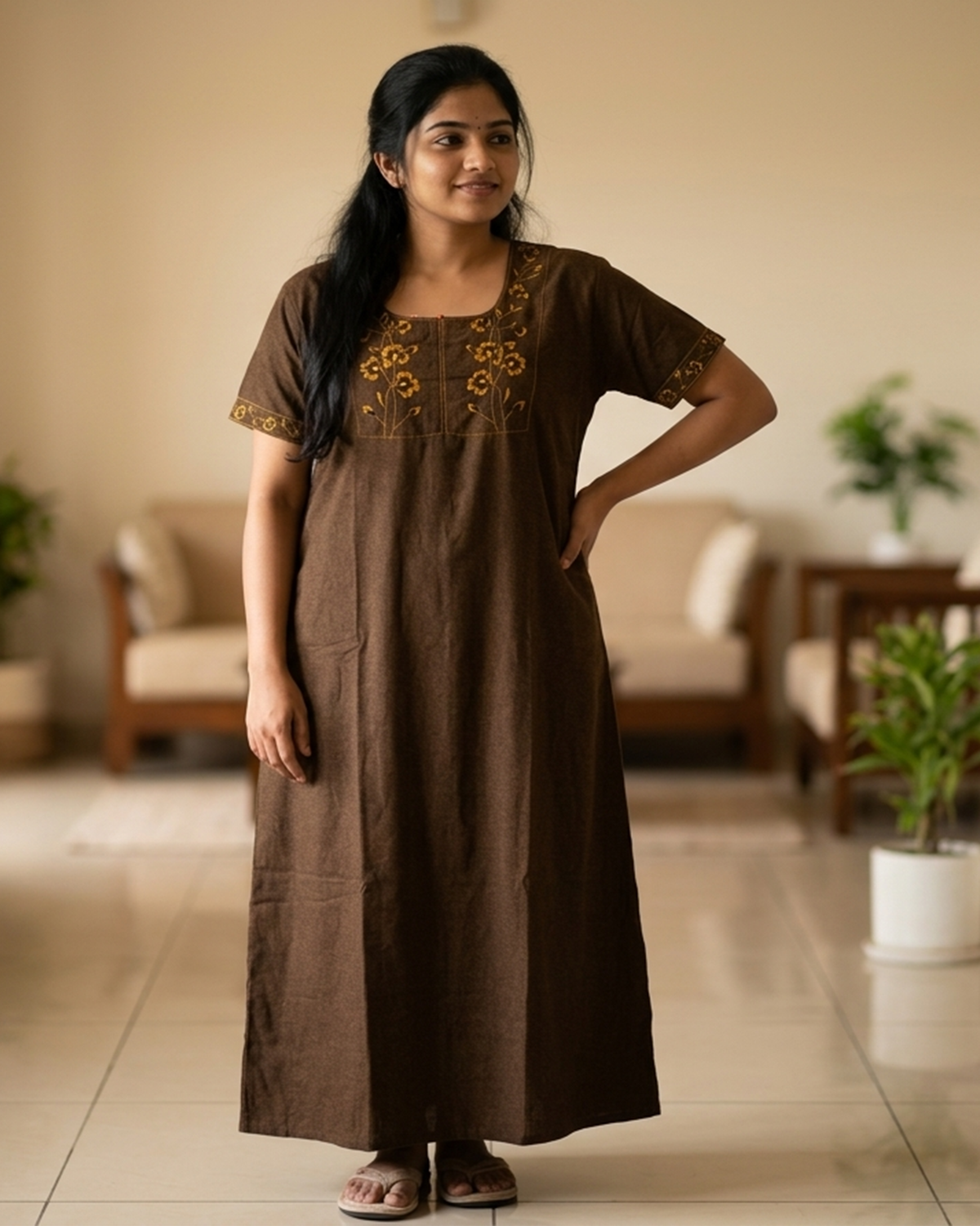 ALPINE Women’s Soft Cotton Embroidered Nighty – Purple Full Length Comfort Fit Night Dress with Side Pocket & Round Neck (HCC)