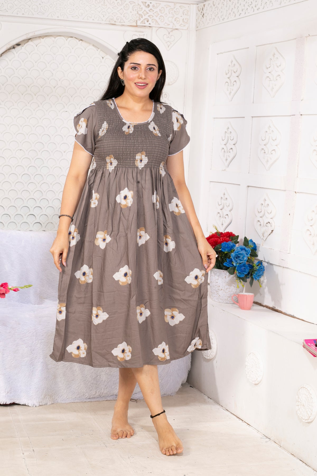Alpine Smocking Maxi Frock Model Nightgown for Trendy Women's & Teenage Girl's | Stretchable Comfort to Body Fit | Side Pocket & Stylish Round Neck MAXI Gown for Women's Teenage Girl's (ASM)