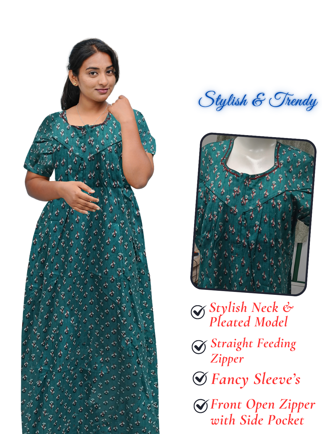 MANGAI Cotton Straight Zip Feeding Nighty |Post Pregnancy | Comfort and Style | Pleated Model | Soft Cotton Feeding Nighties (STF)