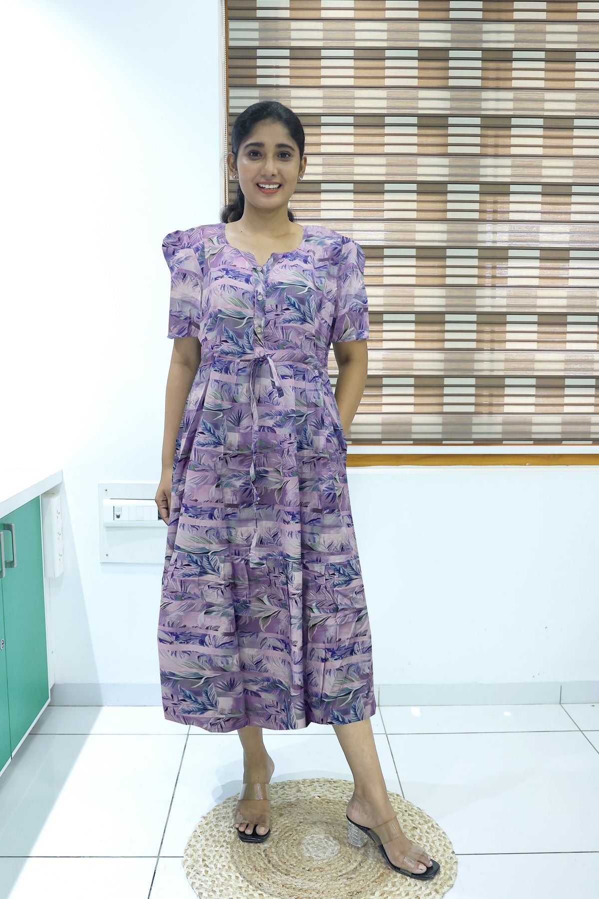 Rayon Colourful Foil Printing Gathering Frock Model Nighties | Side Pocket and Gathering Front Rope | Fancy Sleeve & Maxi Frock Nightwear for Stylish Women's (FGF)