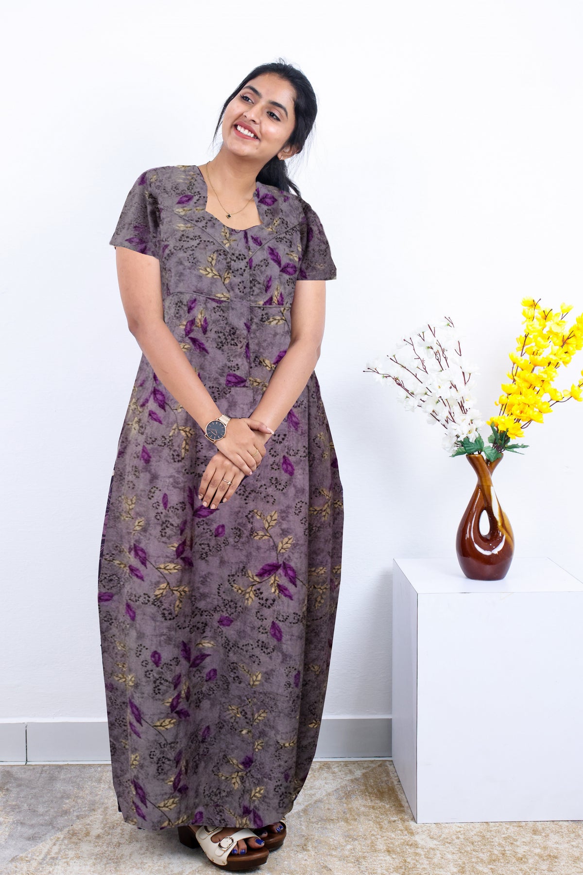 MANGAI Premium Cotton Printed Pleated Model Half Sleeve 5XL Size Nighties - Fancy Neck | With Side Pocket |Shrinkage Free Nighties | Trendy Collection's for Stylish Women's (5PZ)