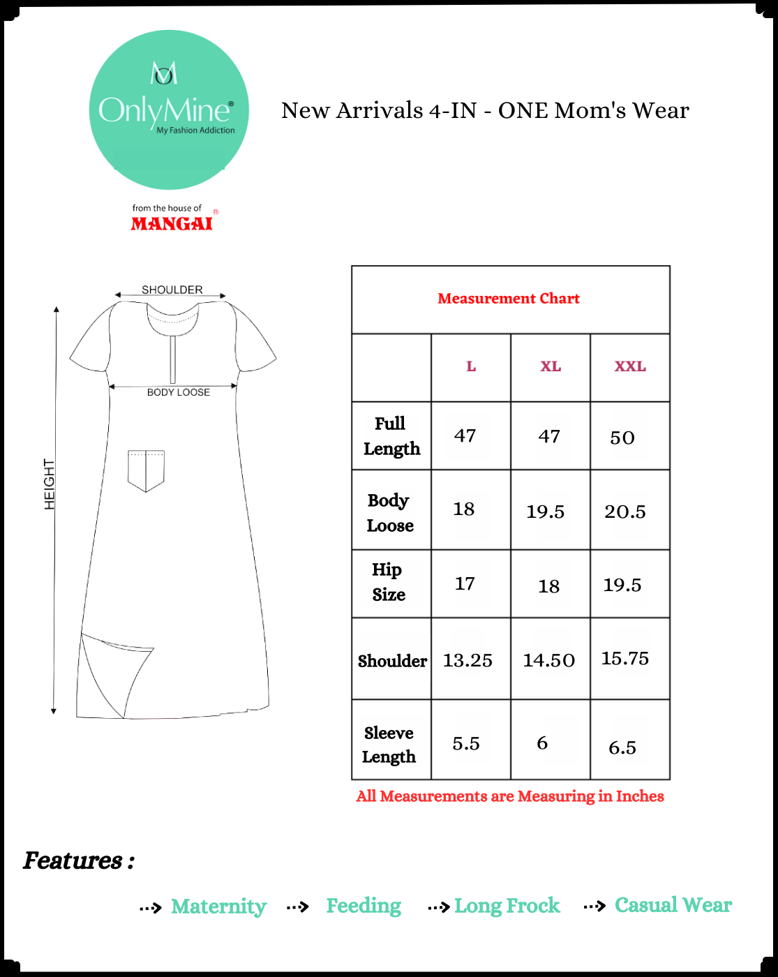 New ONLY MINE Premium 4-IN-ONE Mom's Wear - Soft & Smooth Rayon | Maternity | Feeding | Long Frock | Casual Wear for Pregnancy Women's