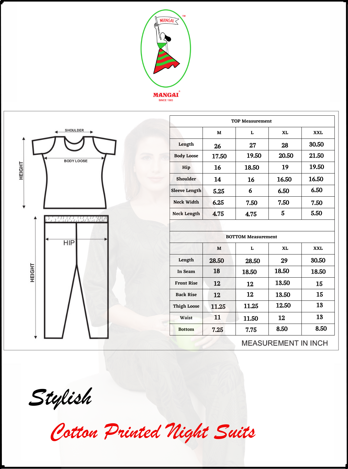 New MANGAI Premium Cotton Printed Stylish Night Suits- Stylish Printed Top & Bottom Set for Trendy Women's