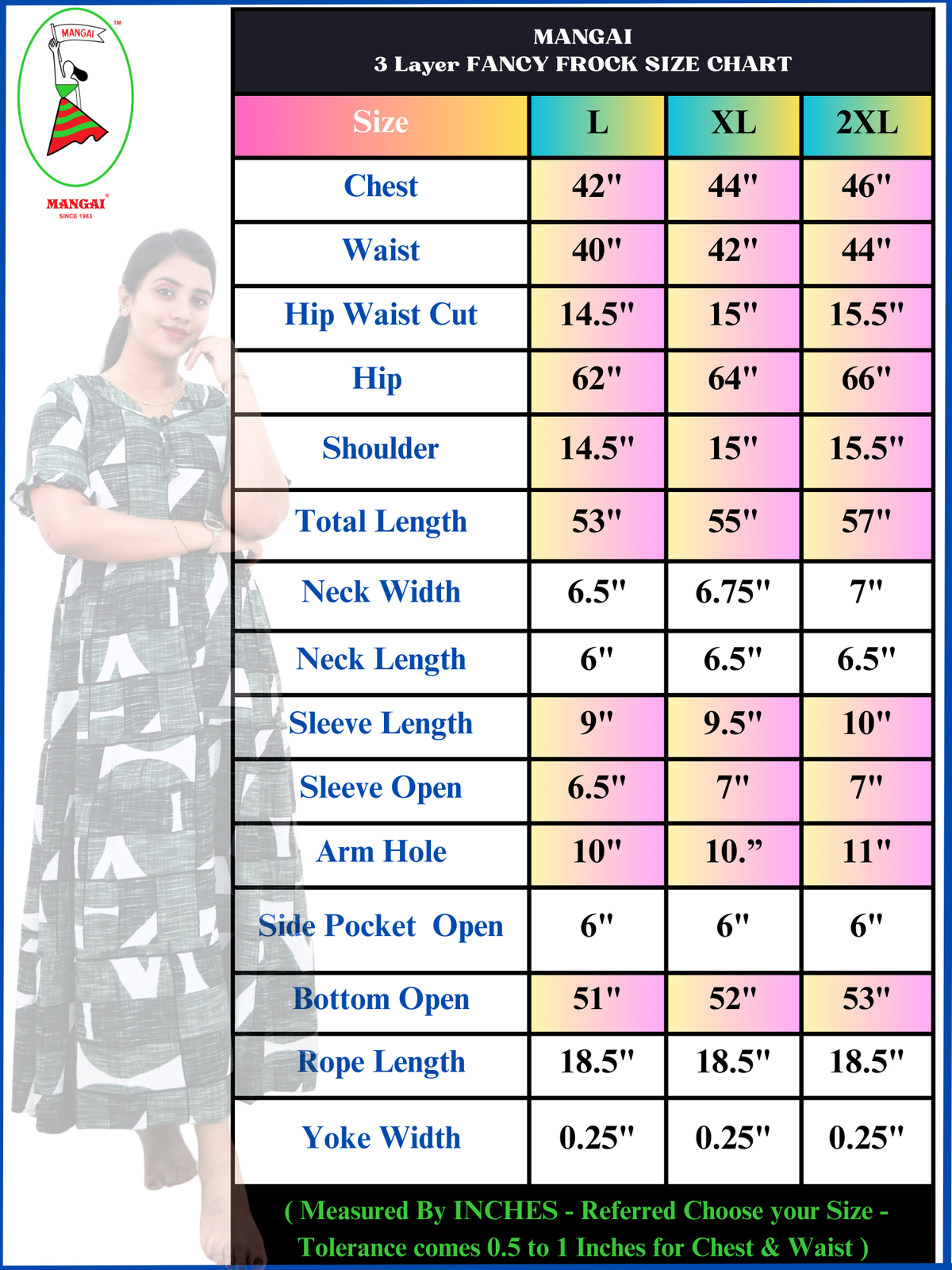 Mangai 3 Layer Frock Model Nighties Soft and Smooth Premium Quality Rayon Material , Fancy Frilled Sleeve, Side Pocket , Back tie Rope , Stylish Collection's for Trendy Women's (MRK)