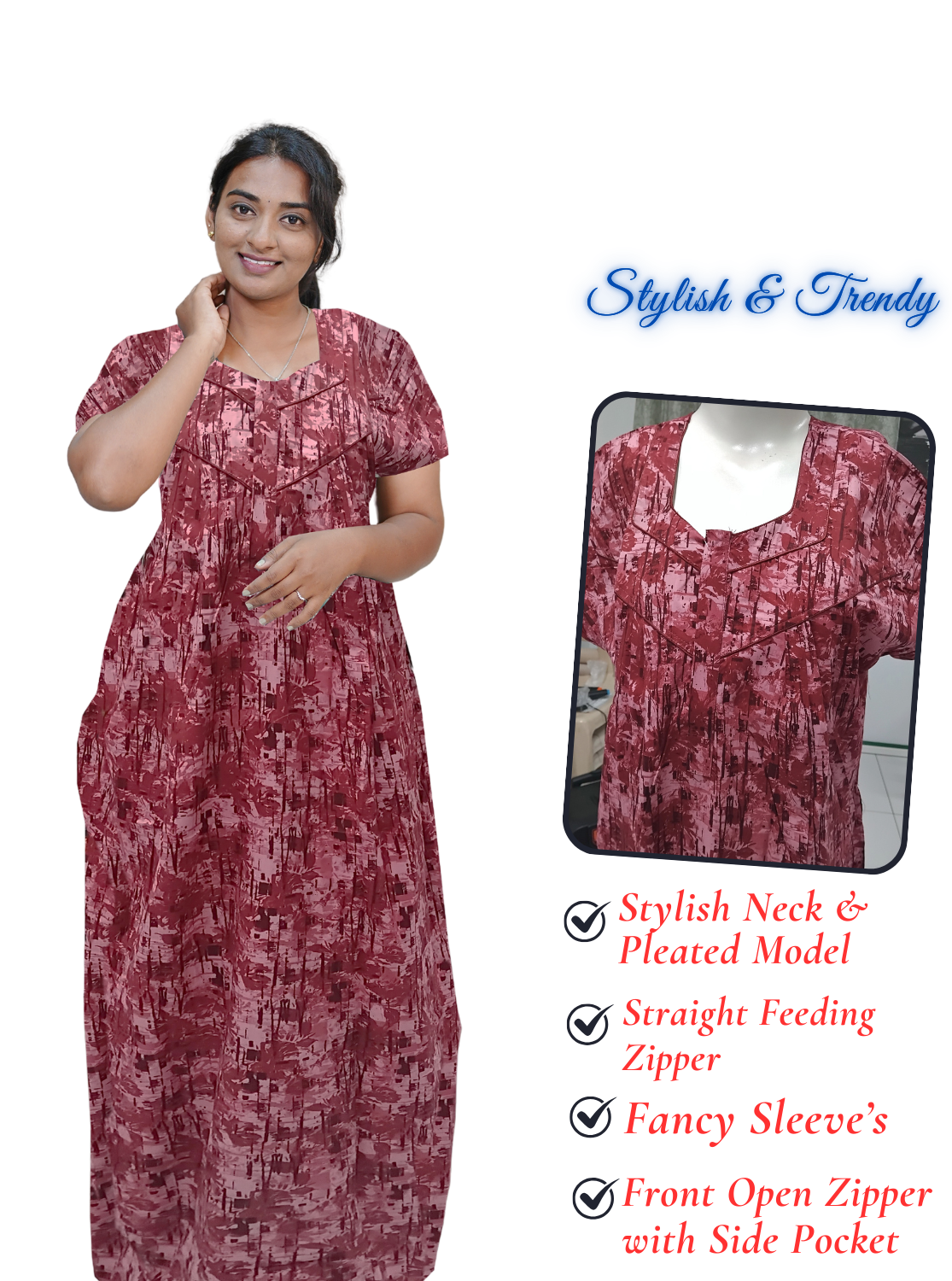 MANGAI Cotton Straight Zip Feeding Nighty |Post Pregnancy | Comfort and Style | Pleated Model | Soft Cotton Feeding Nighties (STF)