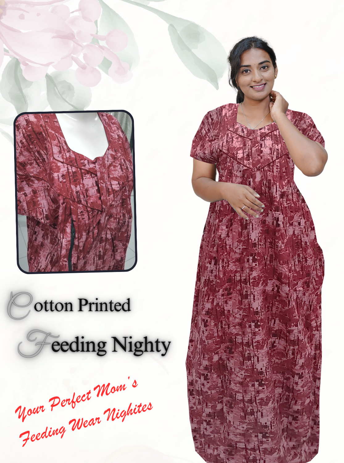 MANGAI Cotton Straight Zip Feeding Nighty |Post Pregnancy | Comfort and Style | Pleated Model | Soft Cotton Feeding Nighties (STF)