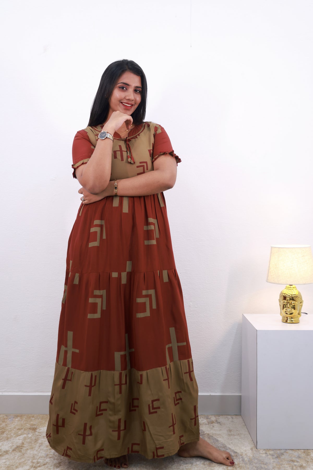 Mangai 3 Layer Reversible Design Frock Model Nighties Soft and Smooth Premium Quality Rayon Material , Fancy Frilled Sleeve, Side Pocket , Back tie Rope , Stylish Collection's for Trendy Women's (MRK)