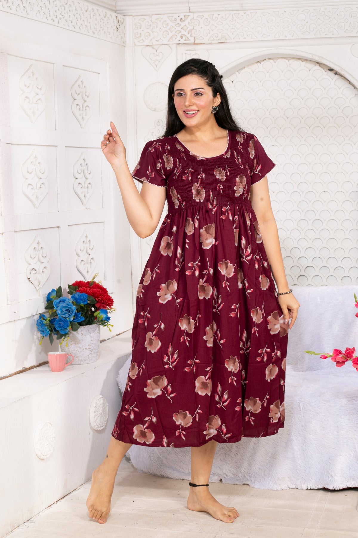 Alpine Smocking Maxi Frock Model Nightgown for Trendy Women's & Teenage Girl's | Stretchable Comfort to Body Fit | Side Pocket & Stylish Round Neck MAXI Gown for Women's Teenage Girl's (ASM)