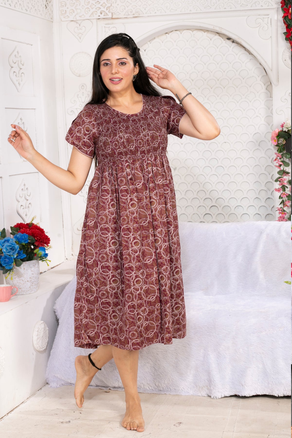 Alpine Smocking Maxi Frock Model Nightgown for Trendy Women's & Teenage Girl's | Stretchable Comfort to Body Fit | Side Pocket & Stylish Round Neck MAXI Gown for Women's Teenage Girl's (ASM)