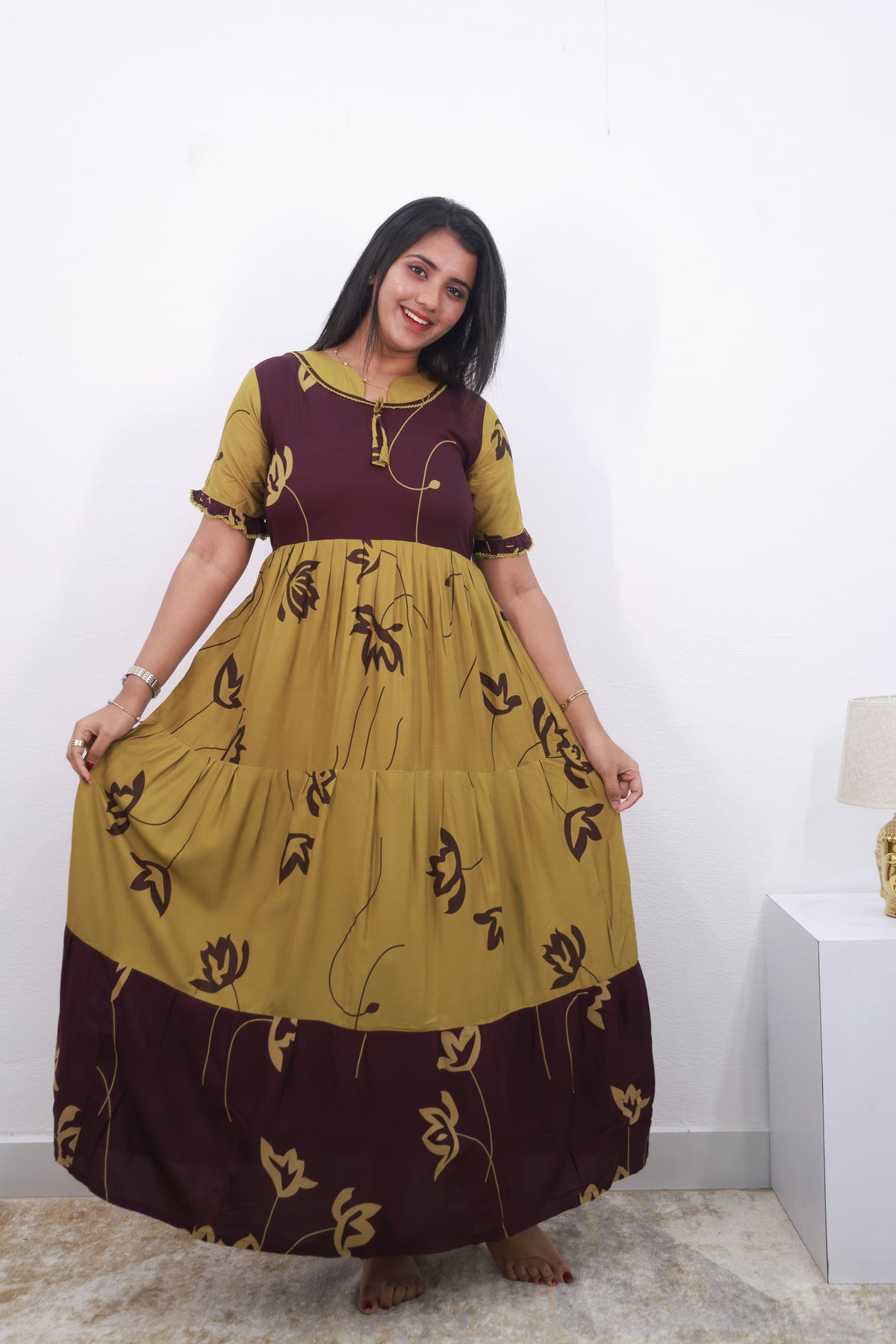 Mangai 3 Layer Reversible Design Frock Model Nighties Soft and Smooth Premium Quality Rayon Material , Fancy Frilled Sleeve, Side Pocket , Back tie Rope , Stylish Collection's for Trendy Women's (MRK)