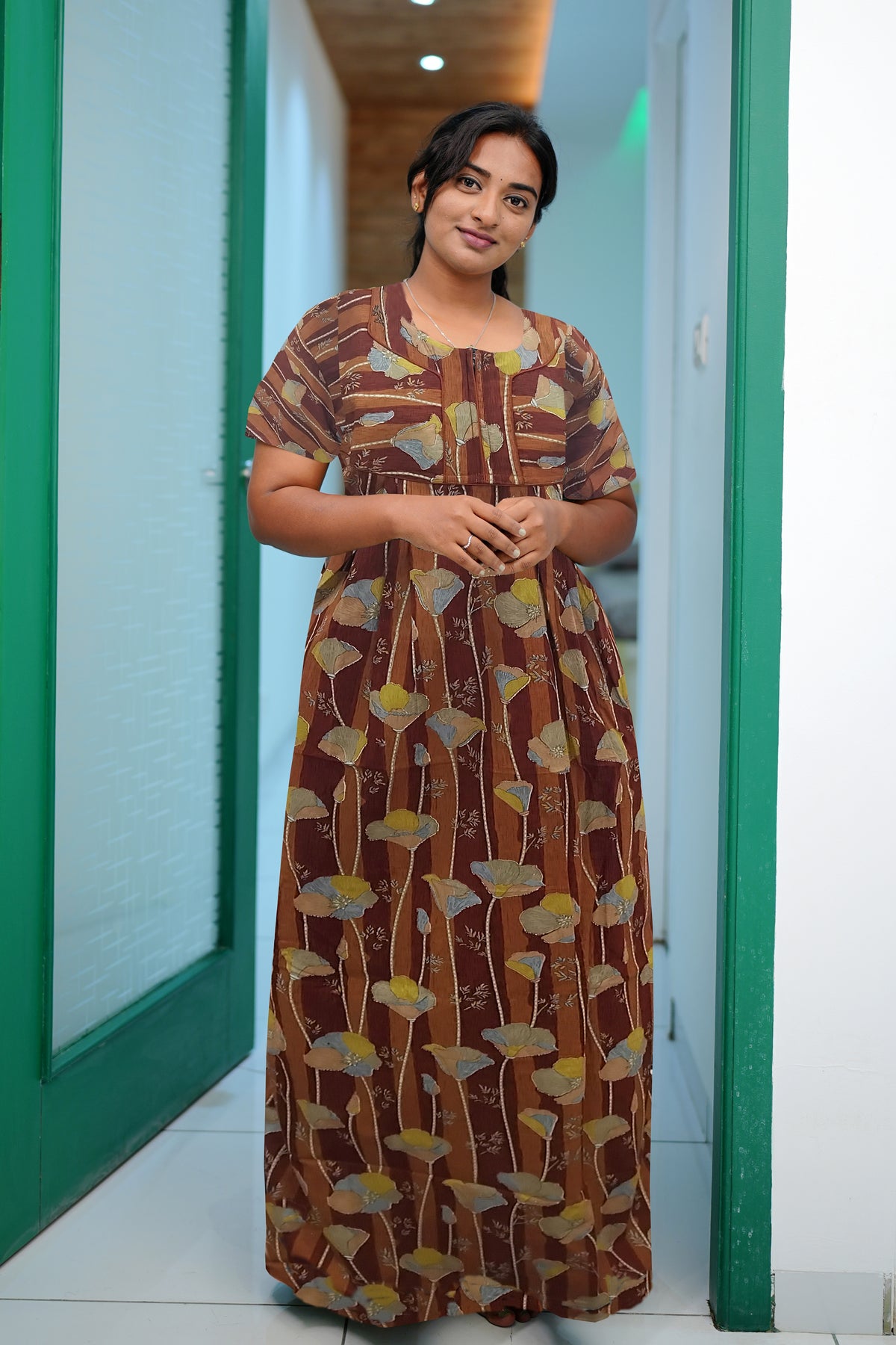 MANGAI Premium Cotton Printed Pleated Model Half Sleeve 3XL Size Nighties - Fancy Neck | With Side Pocket |Shrinkage Free Nighties | Trendy Collection's for Stylish Women's (3XL-SBS)