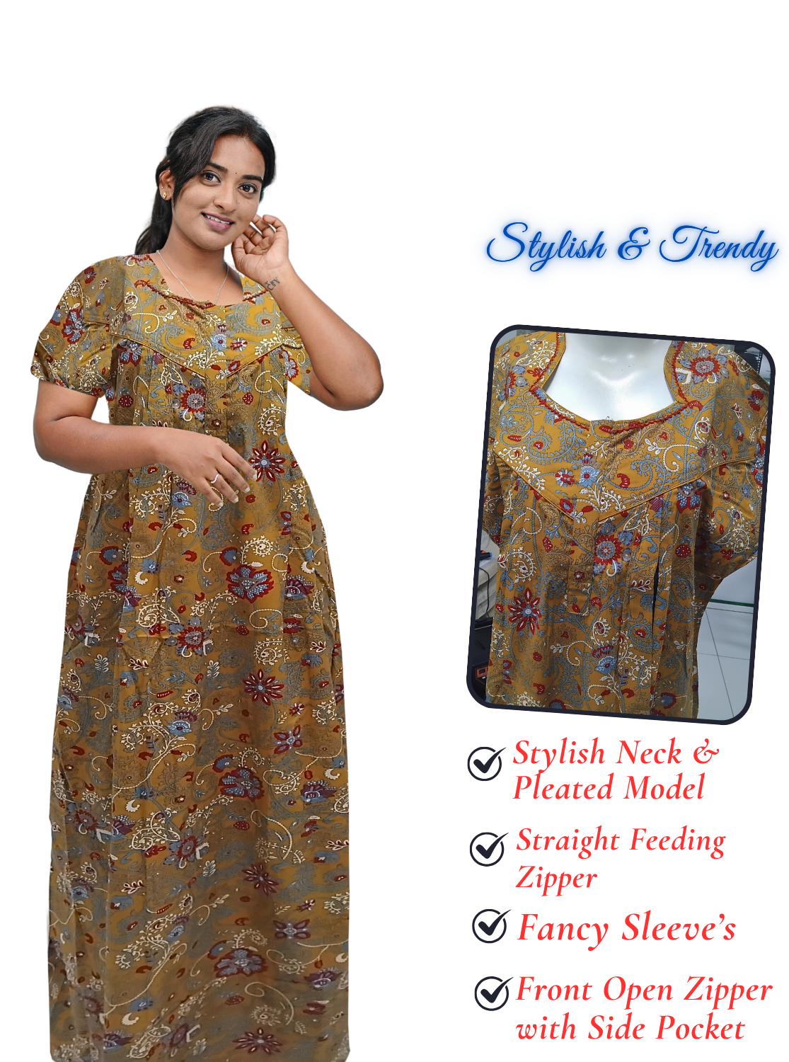 MANGAI Cotton Straight Zip Feeding Nighty |Post Pregnancy | Comfort and Style | Pleated Model | Soft Cotton Feeding Nighties (STF)