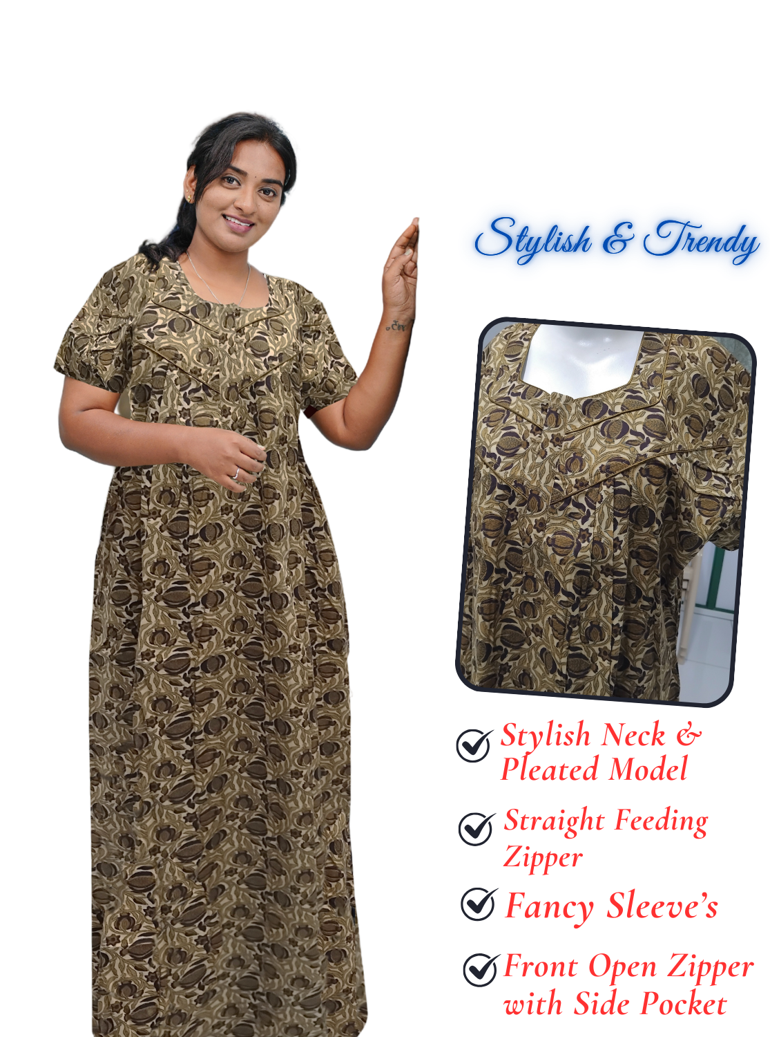 MANGAI Cotton Straight Zip Feeding Nighty |Post Pregnancy | Comfort and Style | Pleated Model | Soft Cotton Feeding Nighties (STF)