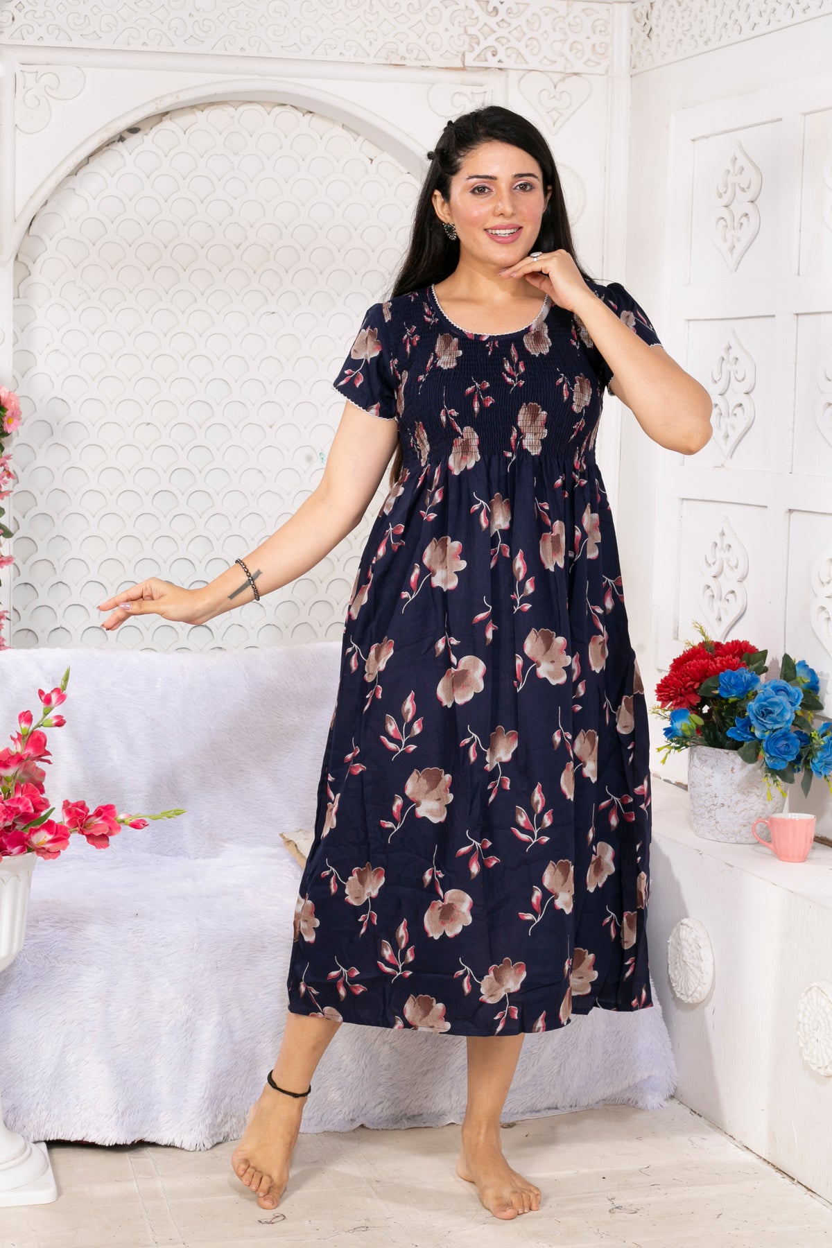 Alpine Smocking Maxi Frock Model Nightgown for Trendy Women's & Teenage Girl's | Stretchable Comfort to Body Fit | Side Pocket & Stylish Round Neck MAXI Gown for Women's Teenage Girl's (ASM)