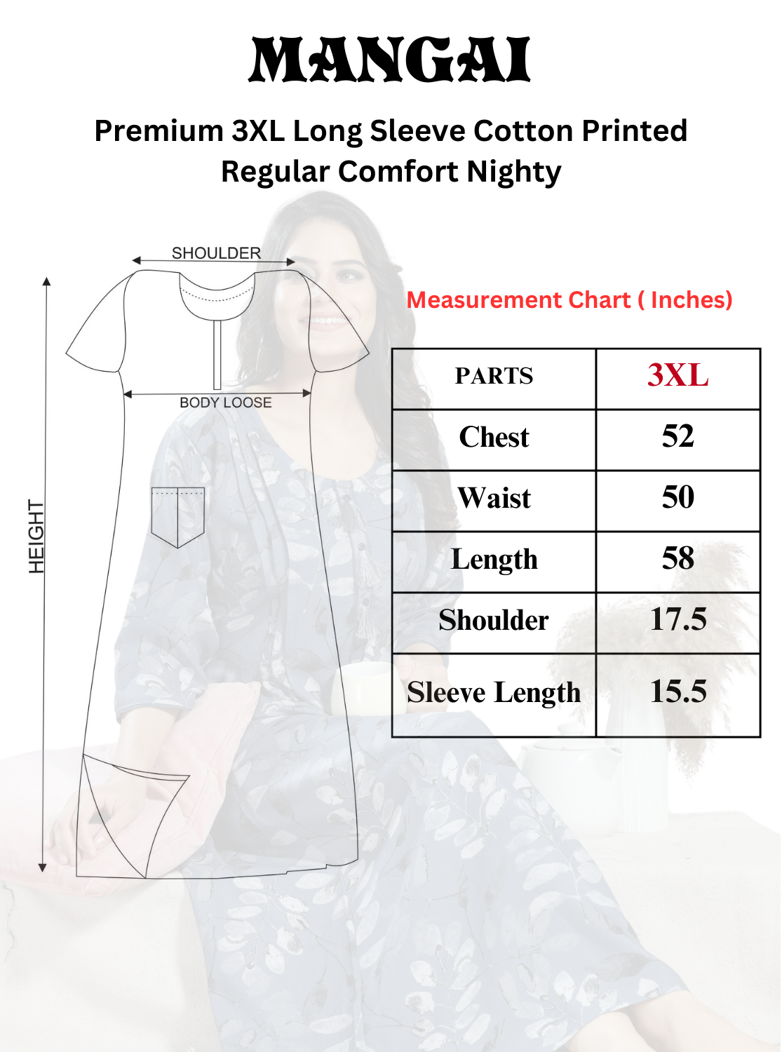 MANGAI Premium Cotton Printed Regular Comfort Long Sleeve Model 3XL Size Nighties - Fancy Neck | With Side Pocket |Shrinkage Free Nighties | Trendy Collection's for Stylish Women's