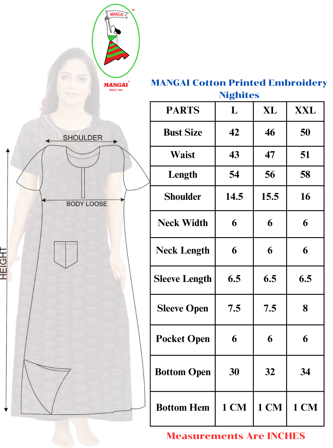 MANGAI New Collection Premium Cotton Embroidery Printed Nighties- All Over Printed Stylish Nightwear for Stylish Women | Trendy Embroidery Neck | Pleated Model (HMS)