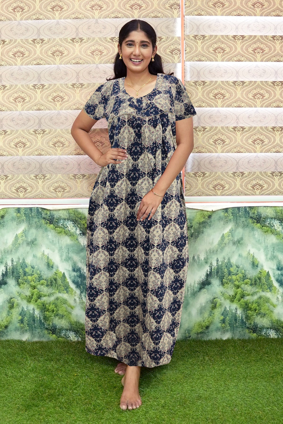 Regular Fit Cotton Printed Pleated Nighties