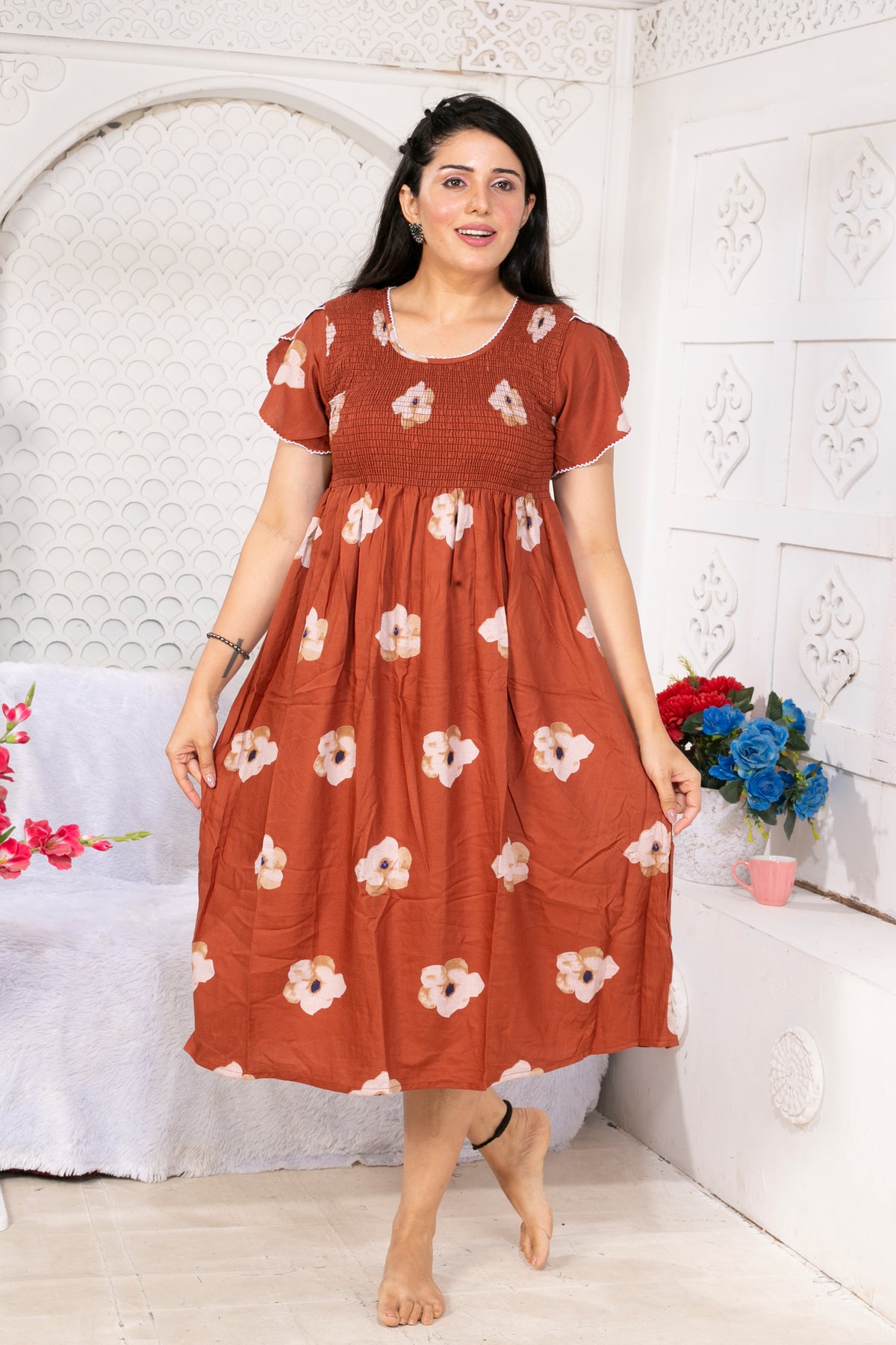 Alpine Smocking Maxi Frock Model Nightgown for Trendy Women's & Teenage Girl's | Stretchable Comfort to Body Fit | Side Pocket & Stylish Round Neck MAXI Gown for Women's Teenage Girl's (ASM)