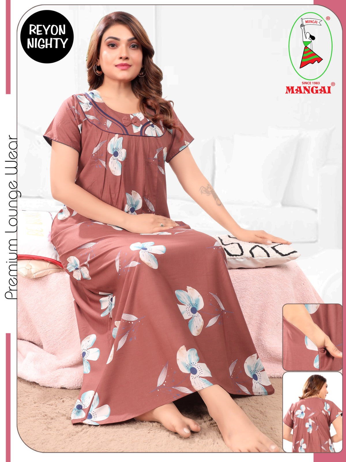 Women's Rayon Pleated Nighty – Stylish Charcoal Nightwear with Floral Print & Bow Accent Neck Nighty