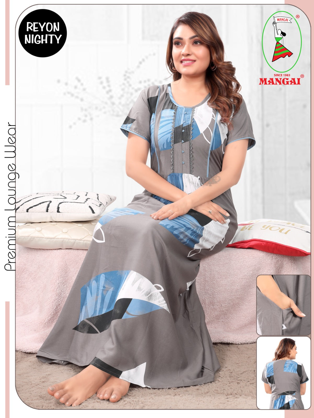 Women's Rayon Pleated Zipless Nighty – Elegant Tropical Leaf Print Nightwear with Fancy Lace Neck & Side Pocket - Moisture-wicking Loungewear