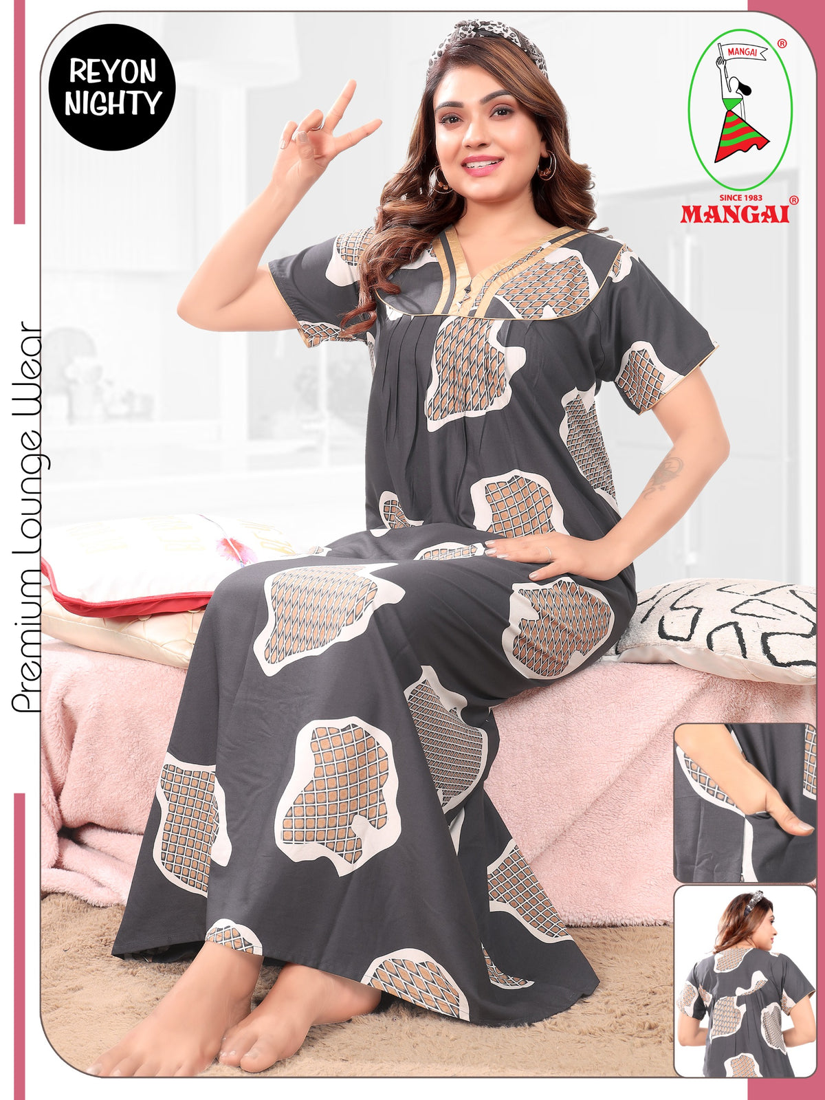 Women's Rayon Pleated Zipless Nighty – Elegant Floral Print Nightwear with Fancy Lace Neck & Side Pocket