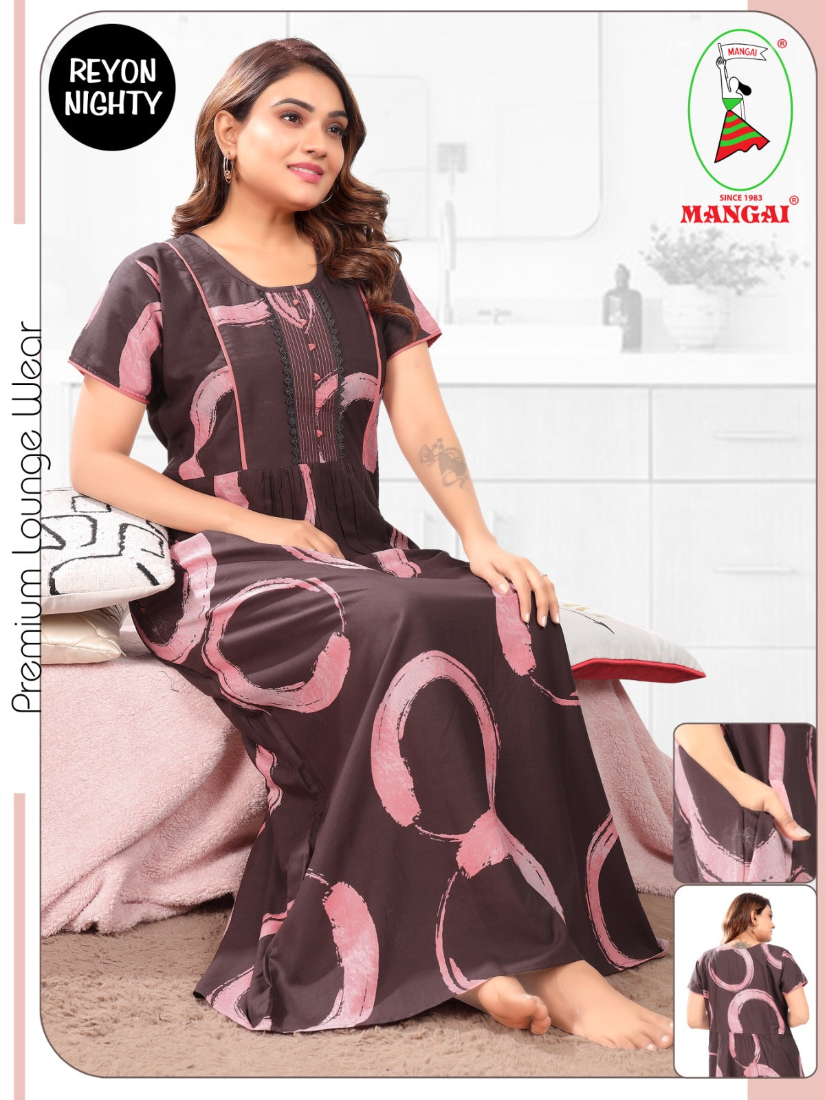 Women's Rayon Pleated Zipless Nighty – Elegant Large Floral Print Nightwear with Fancy Lace Neck & Side Pocket