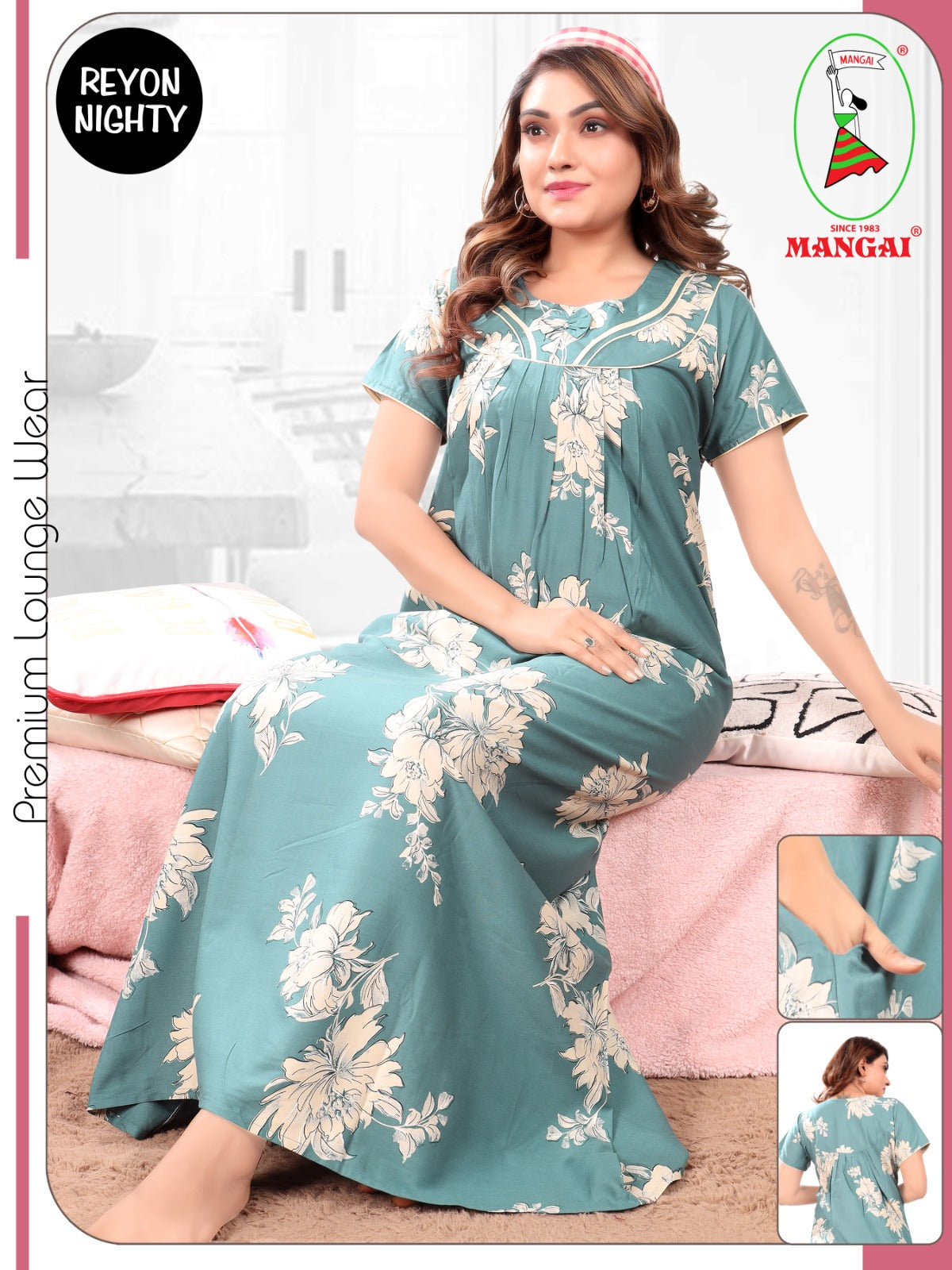 Women's Floral Rayon Pleated Nighty – Elegant Nightwear with Sweetheart Yoke & Side Pocket Nighty