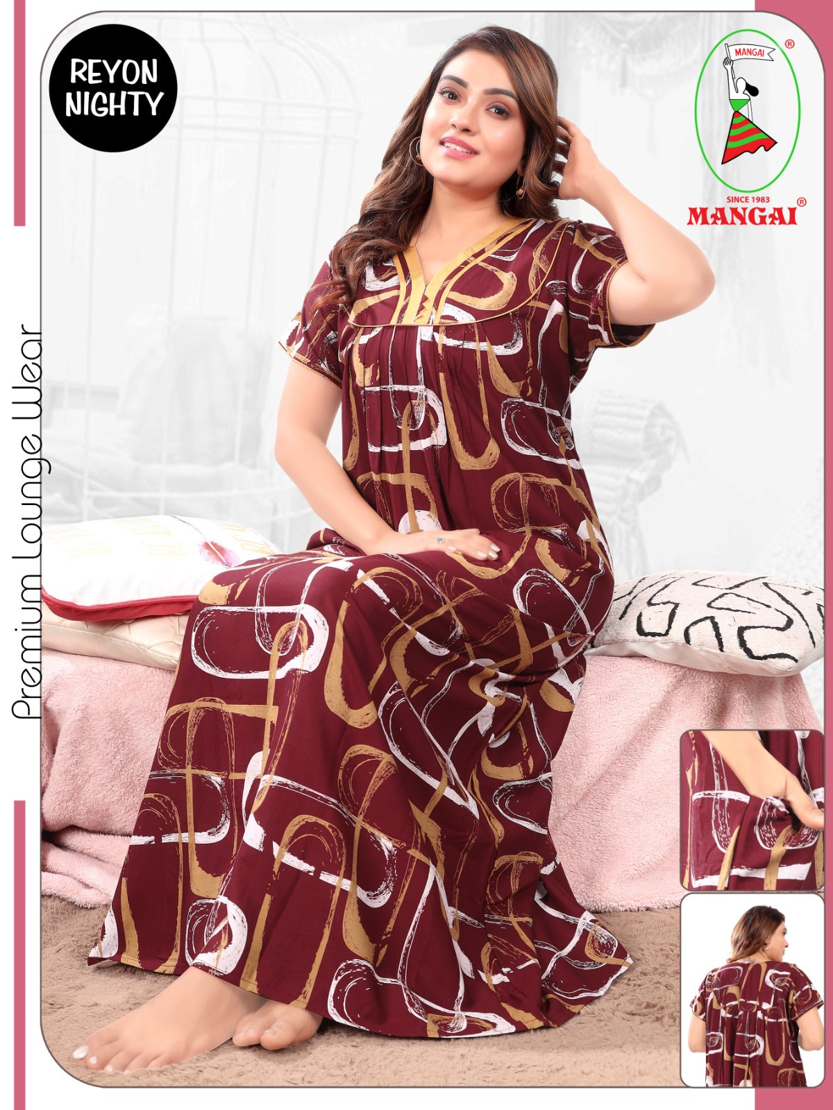Women's Rayon Pleated Zipless Nighty – Stylish Abstract Swirl Print Nightwear with Fancy V-Neck & Side Pocket