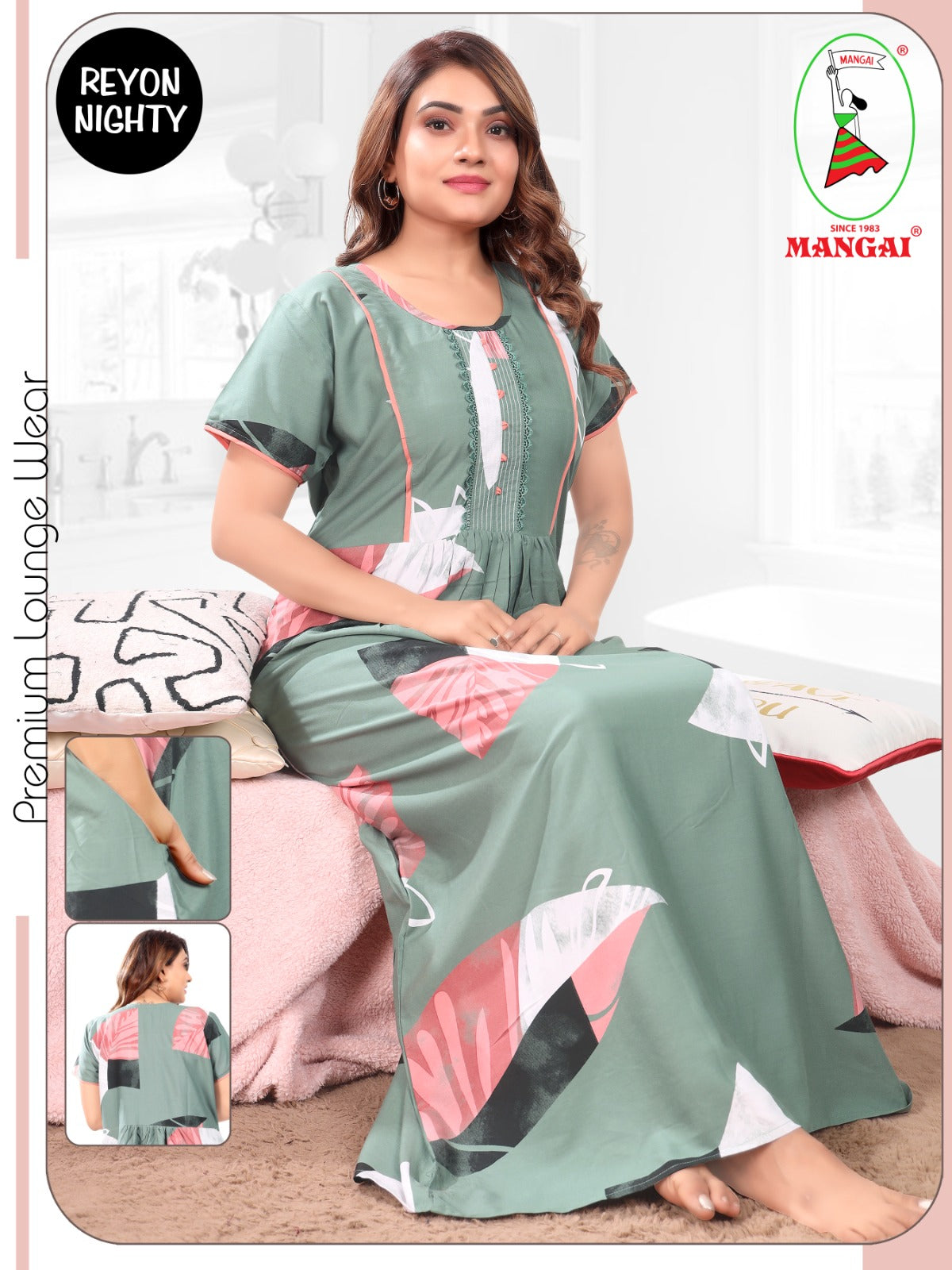 Women's Rayon Pleated Zipless Nighty – Elegant Tropical Leaf Print Nightwear with Fancy Lace Neck & Side Pocket - Moisture-wicking Loungewear
