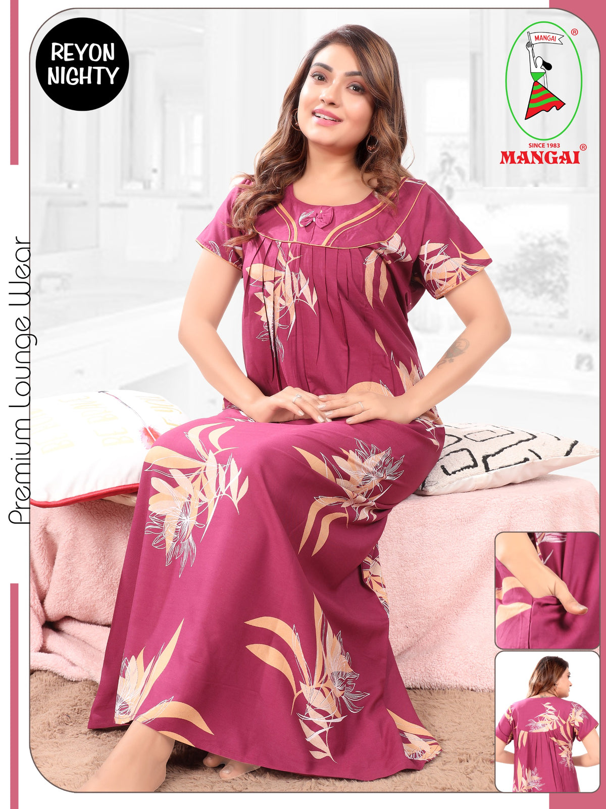 Women's Rayon Pleated Nighty – Autumn Leaf Print & Fancy Bow Neck , Breathable Loungewear.