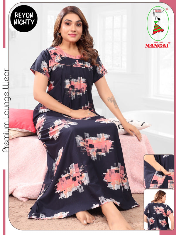 Women's Rayon Pleated Zipless Nighty – Modern Abstract Print Nightwear with Fancy Round Yoke & Side Pocket  - Lightweight Loungewear