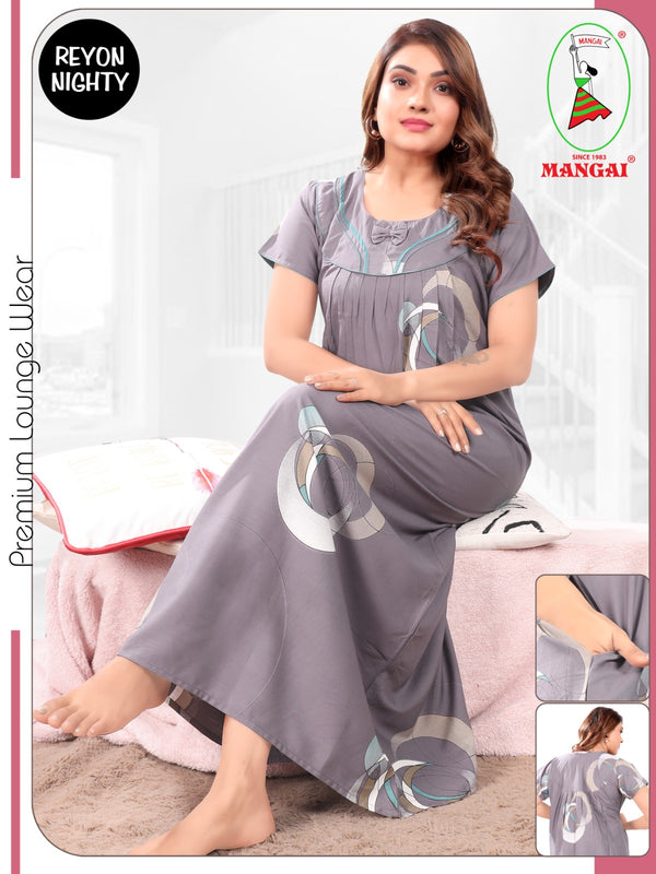 Women's Rayon Pleated Zipless Nighty – Stylish Abstract Print Nightwear with Fancy Bow Neck & Side Pocket - Skin-friendly Sleepwear