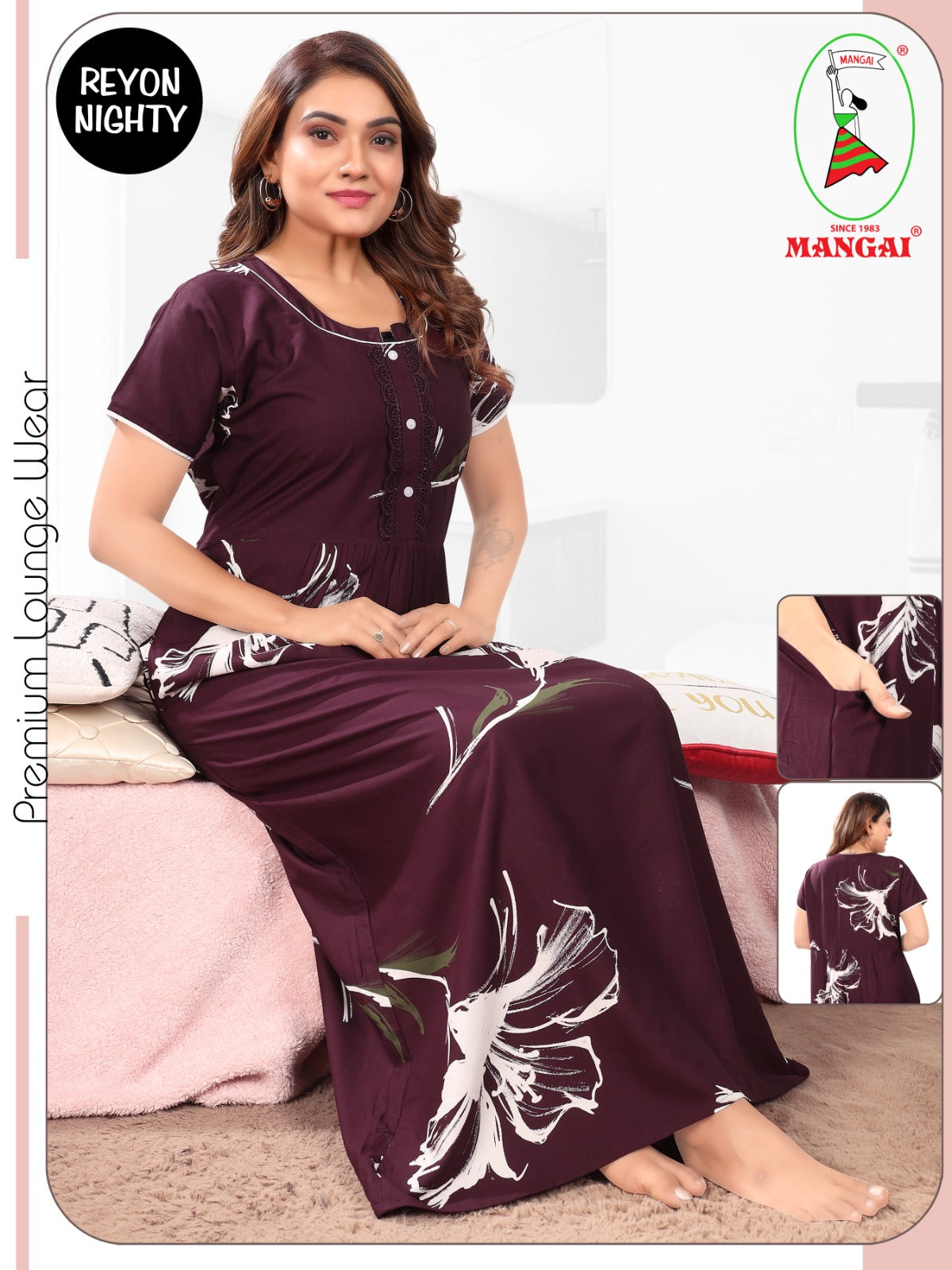 Women's Rayon Pleated Nightwear – Elegant Floral Print Maxi Nighty with Fancy Lace Neck & Side Pocket Nighty