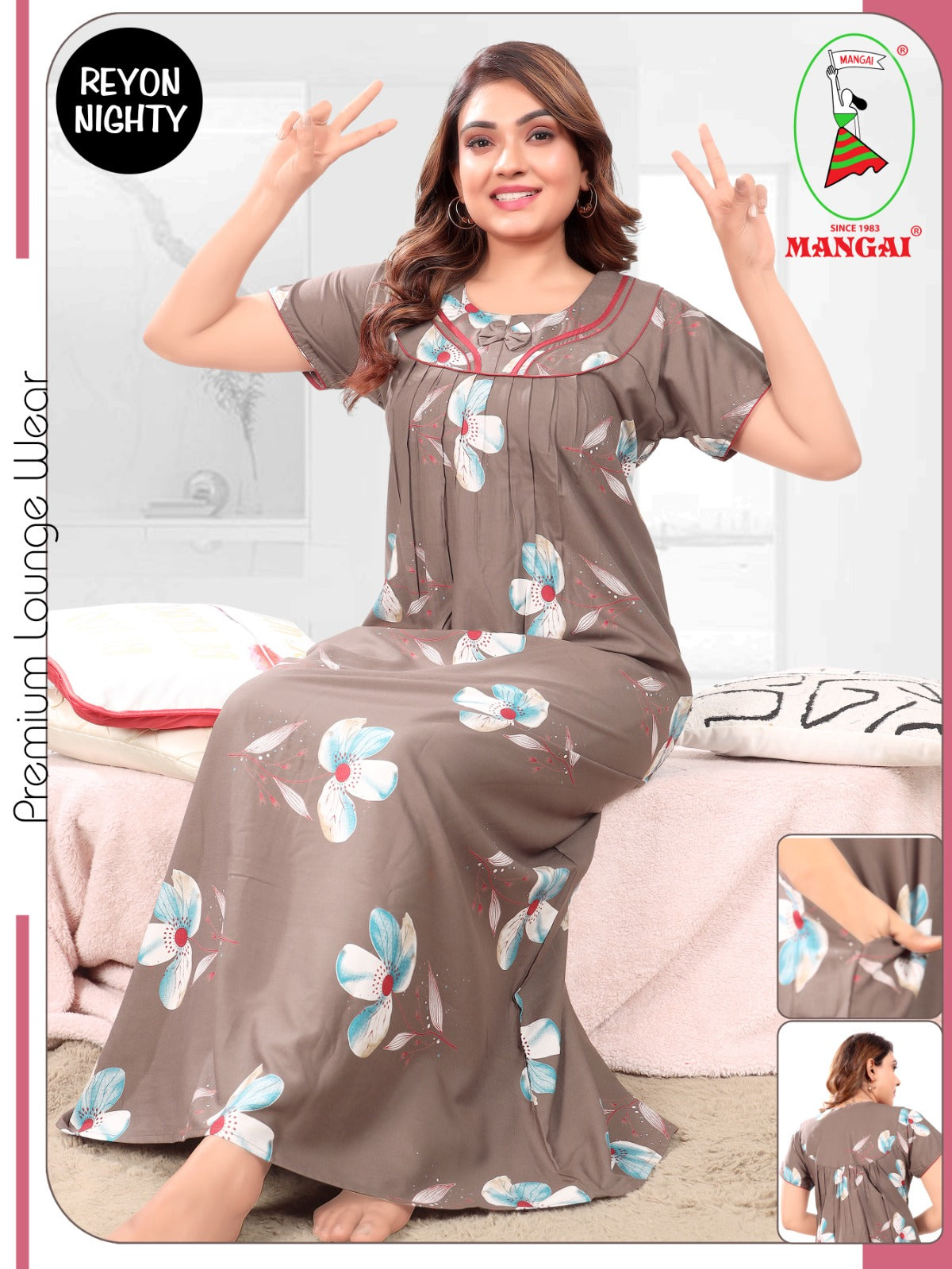 Women's Rayon Pleated Nighty – Stylish Charcoal Nightwear with Floral Print & Bow Accent Neck Nighty