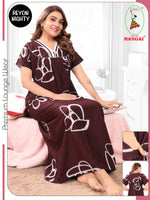 Women's Rayon Pleated Zipless Nighty – Artistic Print Nightwear with Fancy Bow Accent Neck & Side Pocket- Printed Loungewear Gown