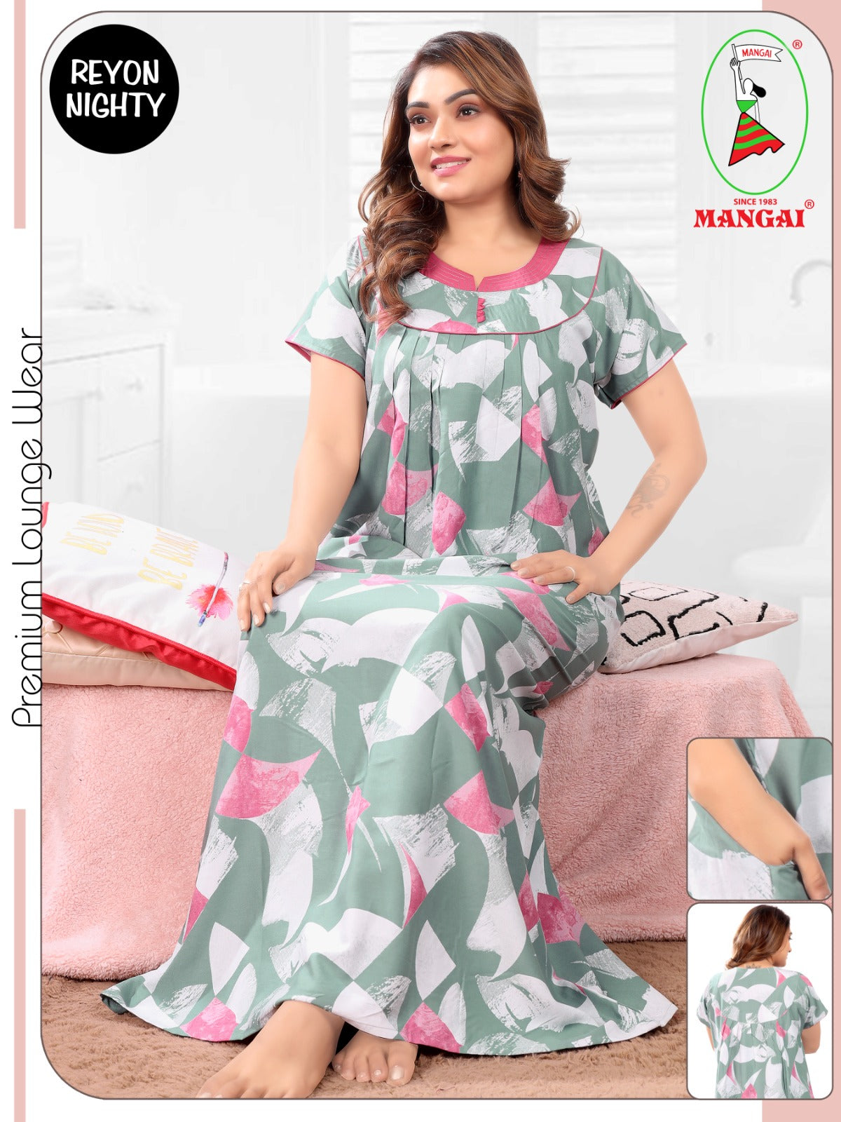 Women's Rayon Pleated Zipless Nighty – Stylish Geometric Print Nightwear with Fancy Contrast Yoke & Side Pocket - Designer Neck Sleepwear