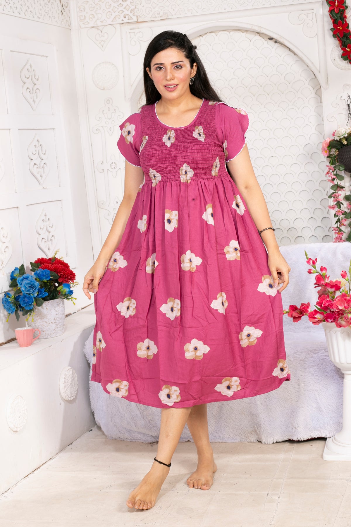 Alpine Smocking Maxi Frock Model Nightgown for Trendy Women's & Teenage Girl's | Stretchable Comfort to Body Fit | Side Pocket & Stylish Round Neck MAXI Gown for Women's Teenage Girl's (ASM)