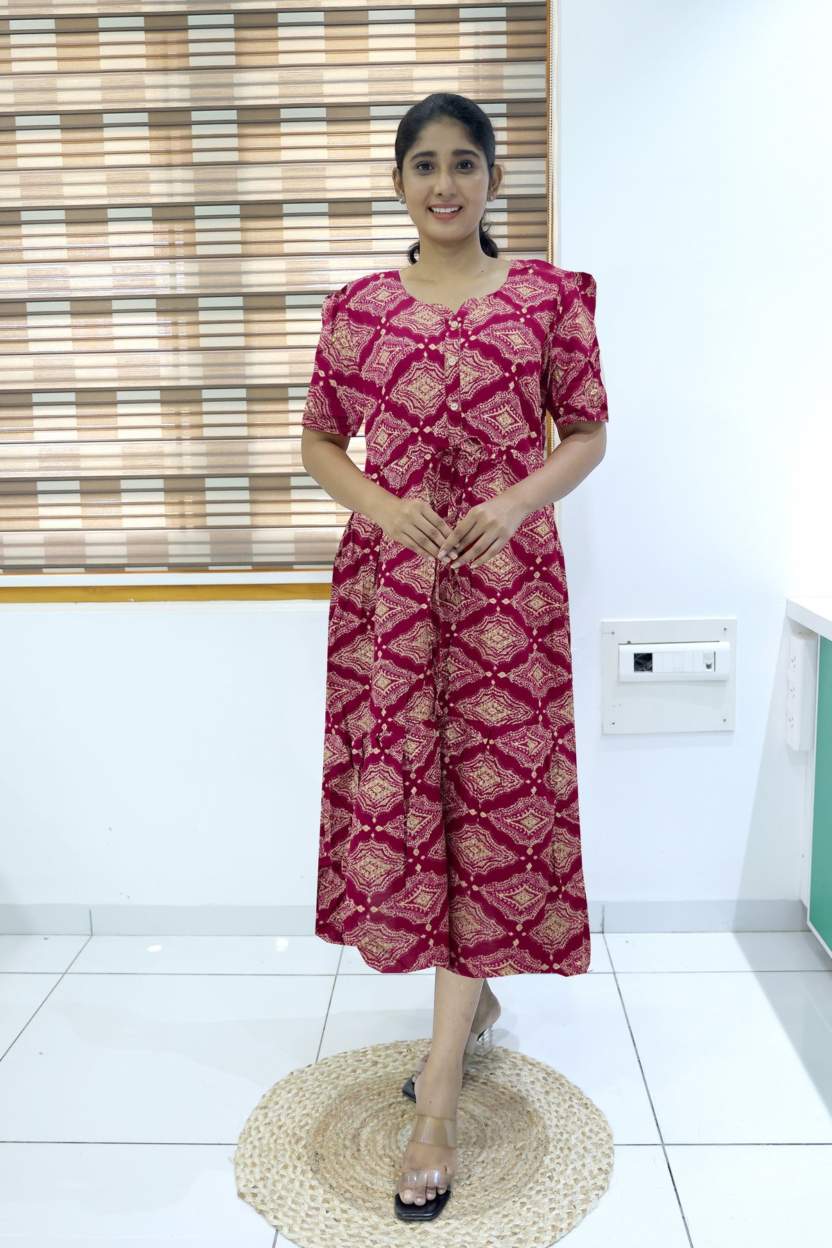 Rayon Colourful Foil Printing Gathering Frock Model Nighties | Side Pocket and Gathering Front Rope | Fancy Sleeve & Maxi Frock Nightwear for Stylish Women's (FGF)