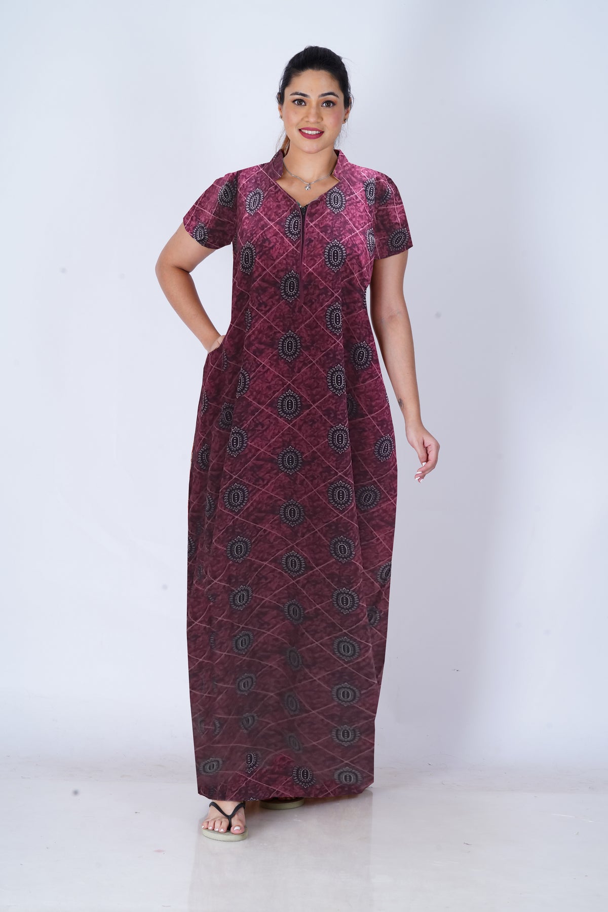 MANGAI Daily Wear Casual Comfort Fit Cotton Printed Collar Nighties | Zipless Closed Model |Summer Arrival's for Trendy Women's (VNM)