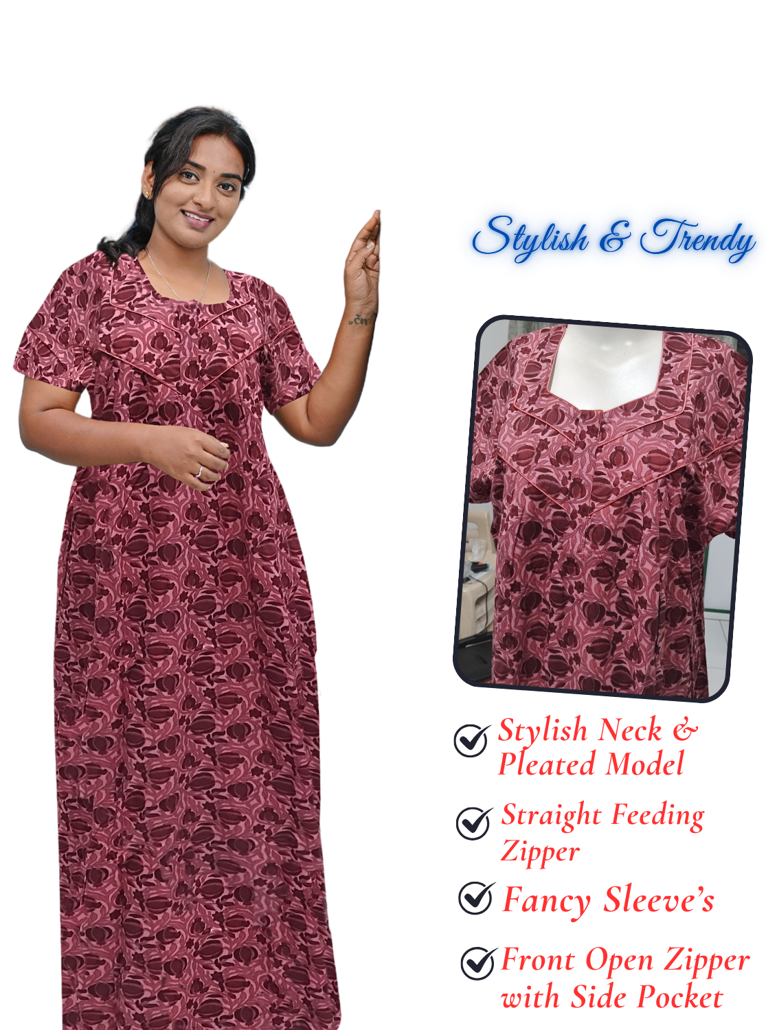 MANGAI Cotton Straight Zip Feeding Nighty |Post Pregnancy | Comfort and Style | Pleated Model | Soft Cotton Feeding Nighties (STF)