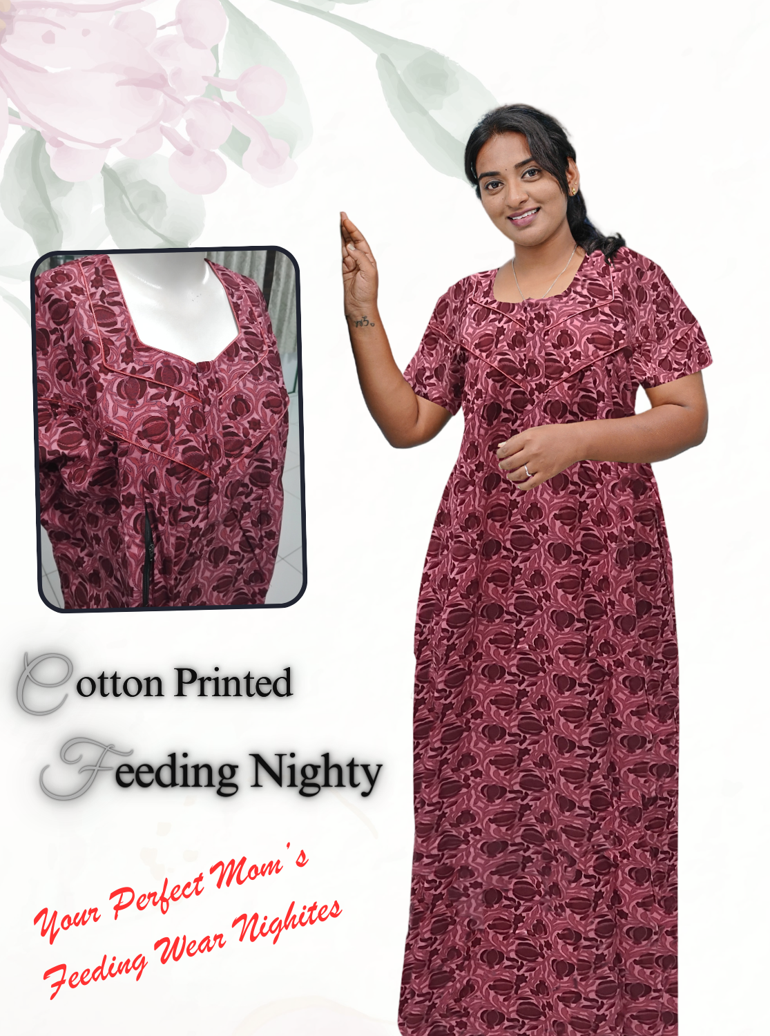 MANGAI Cotton Straight Zip Feeding Nighty |Post Pregnancy | Comfort and Style | Pleated Model | Soft Cotton Feeding Nighties (STF)