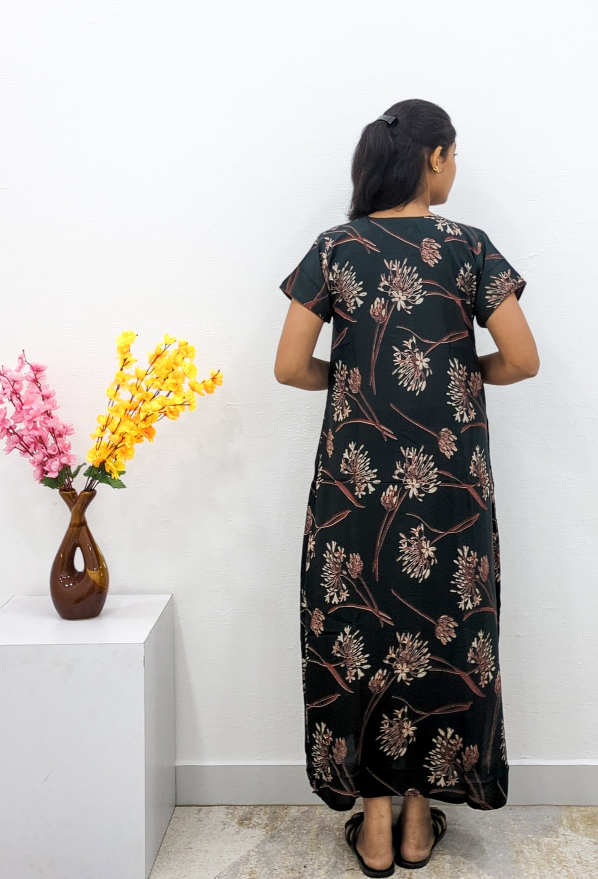 MANGAI Alpine Premium Embroidery Work Nighty for Women | Zipless Pleated Model | Beautiful Printed Design | Comfortable Premium Nightwear (CMC)