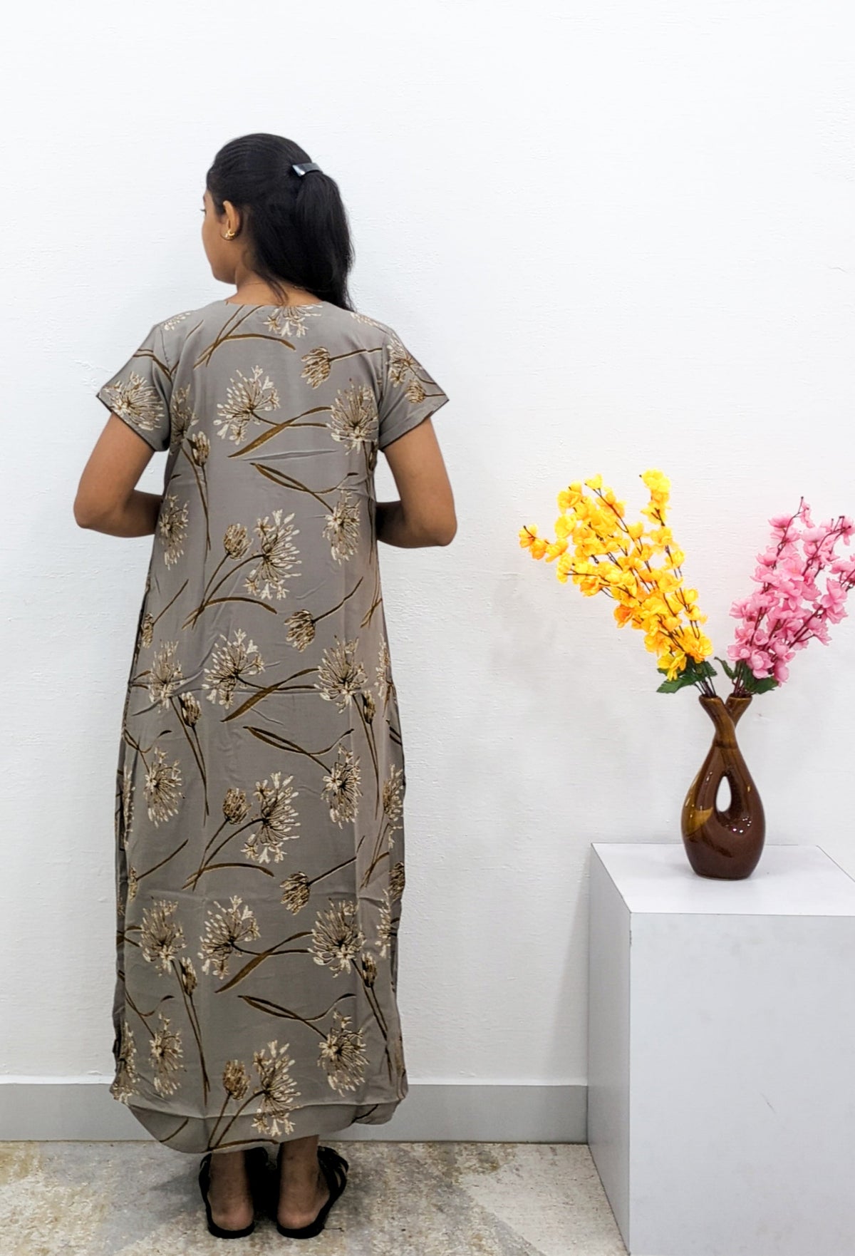 MANGAI Alpine Premium Embroidery Work Nighty for Women | Zipless Pleated Model | Beautiful Printed Design | Comfortable Premium Nightwear (CMC)