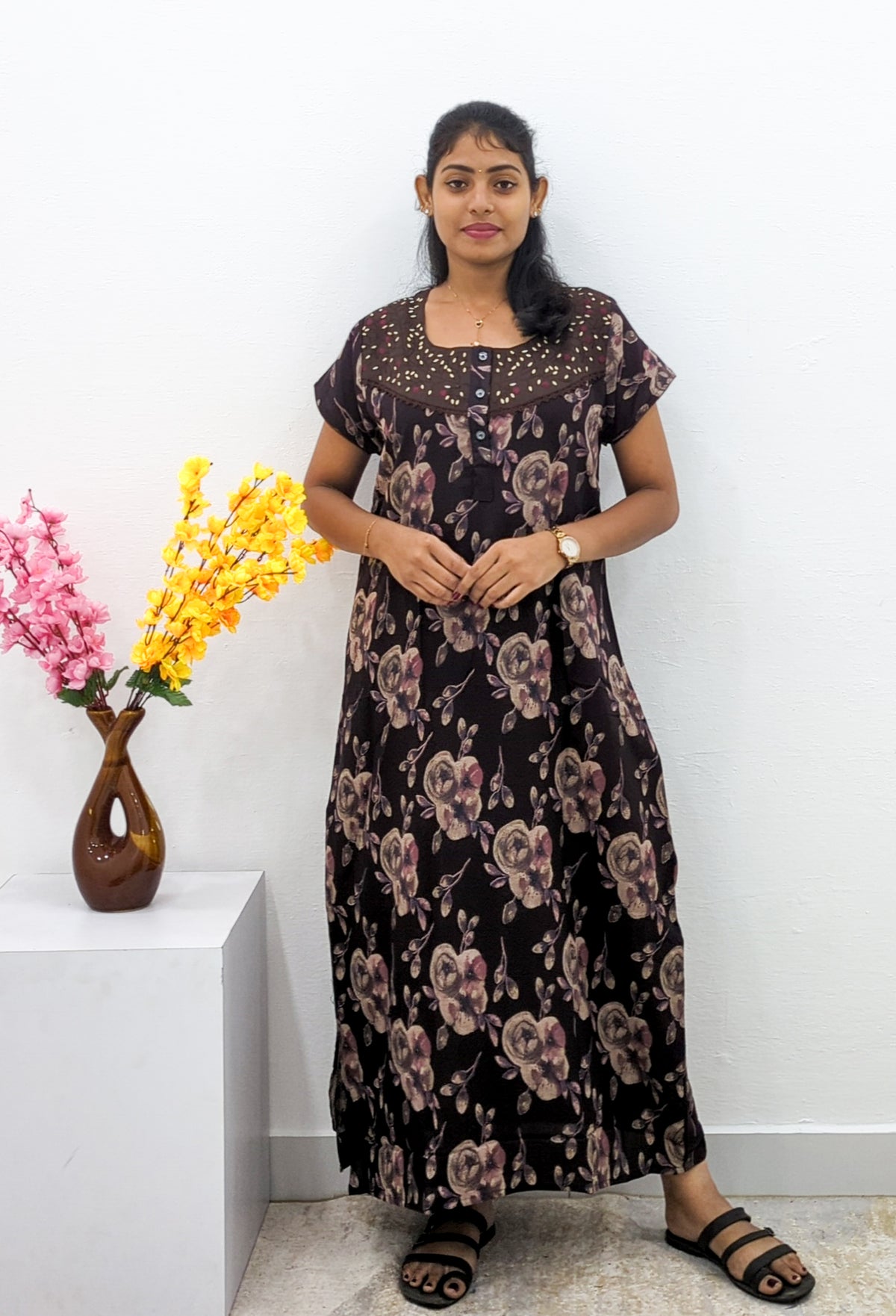 MANGAI Alpine Premium Embroidery Work Nighty for Women | Zipless Pleated Model | Beautiful Printed Design | Comfortable Premium Nightwear (CMC)