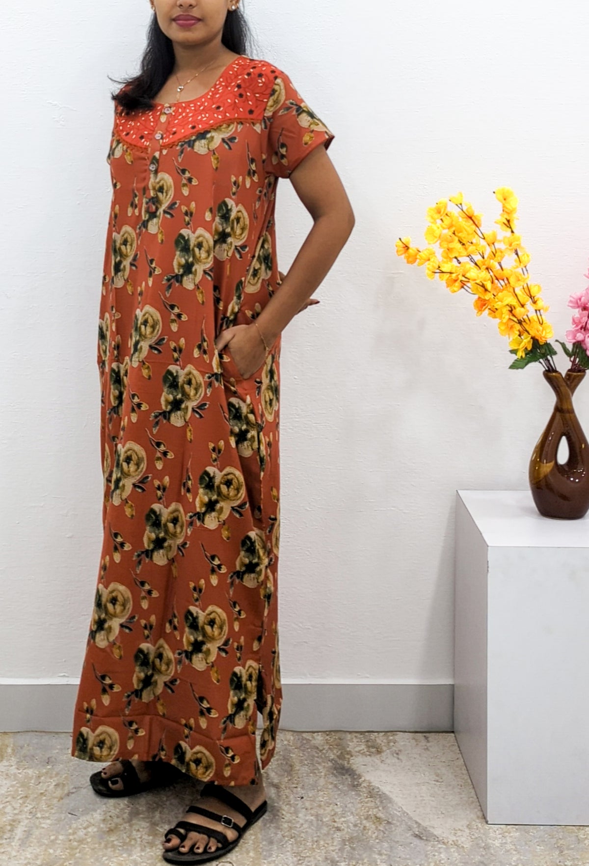 MANGAI Alpine Premium Embroidery Work Nighty for Women | Zipless Pleated Model | Beautiful Printed Design | Comfortable Premium Nightwear (CMC)